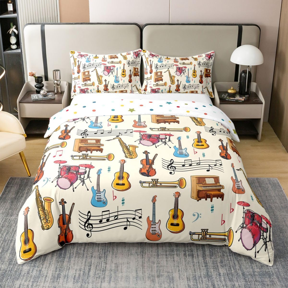 Manfei Music 100% Cotton Duvet Cover Set Full Size,Guitar Violin Saxophone Piano Drums Bedding Set 3pcs,Black Musical Nots Quilt Cover,Kids Boys Girls Room Decor,2 Pillowcases,No Comforter
