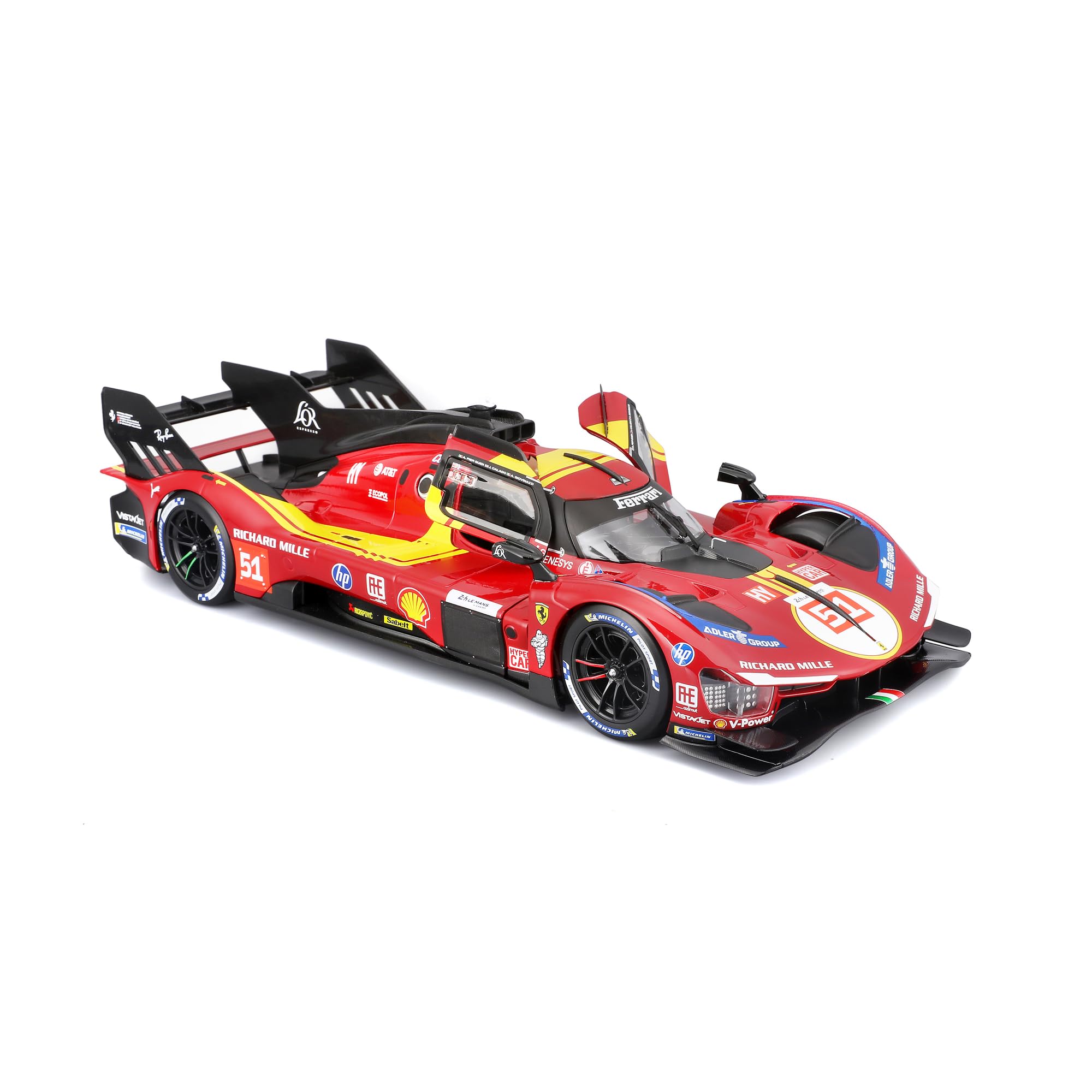 Bburago - Ferrari 499P 24H LMH Hypercar 2025#51, samochód diecast w skali 1:18, szczegółowa replika z otwieranymi drzwiami, oficjalne barwy Ferrari, 14+