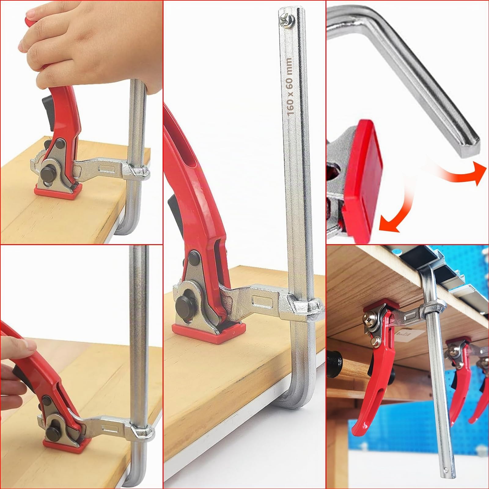 2 serre-joints de table en acier avec poignée à levier | pince de blocage rapide | avec capacité de 160 mm et profondeur de gorge de 60 mm pour le meulage la coupe