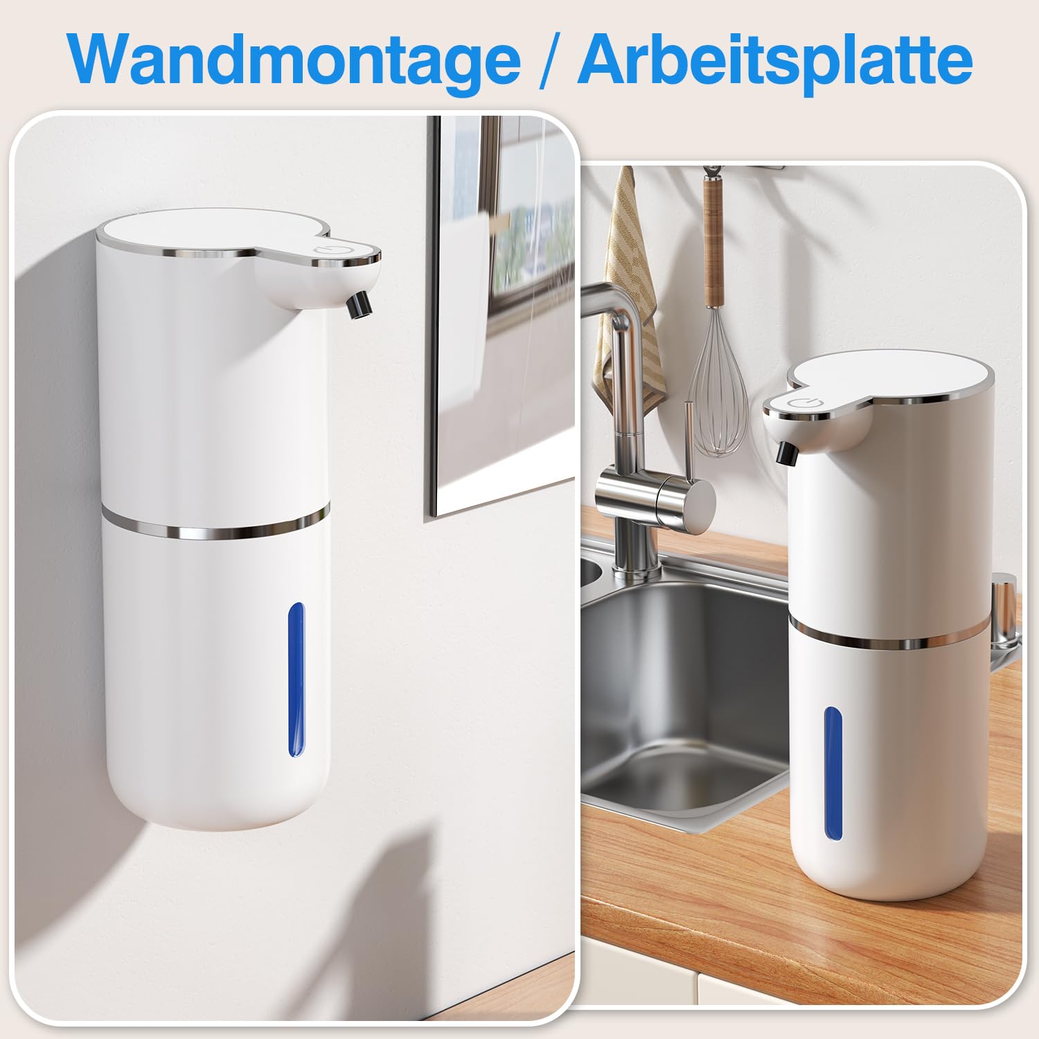 Automatyczny dozownik mydła w płynie, bezdotykowy z czujnikiem, 380 ml, montaż ścienny, ładowanie przez USB, IPX5, 4-stopniowy, regulowany elektryczny dozownik mydła do łazienki i kuchni, biały