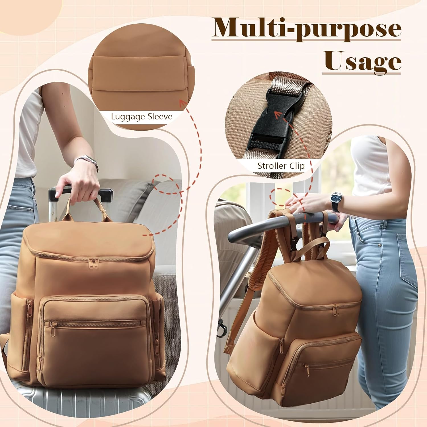 Diaper Bag Backpack, Neoprene Bag Backpack, Large Diaper Backpack with 16 Diaper Bag Organizers, 4 Insulated Pockets, Lighweight Travel Baby Bag with Changing Pad for Mom & Dad, Brown