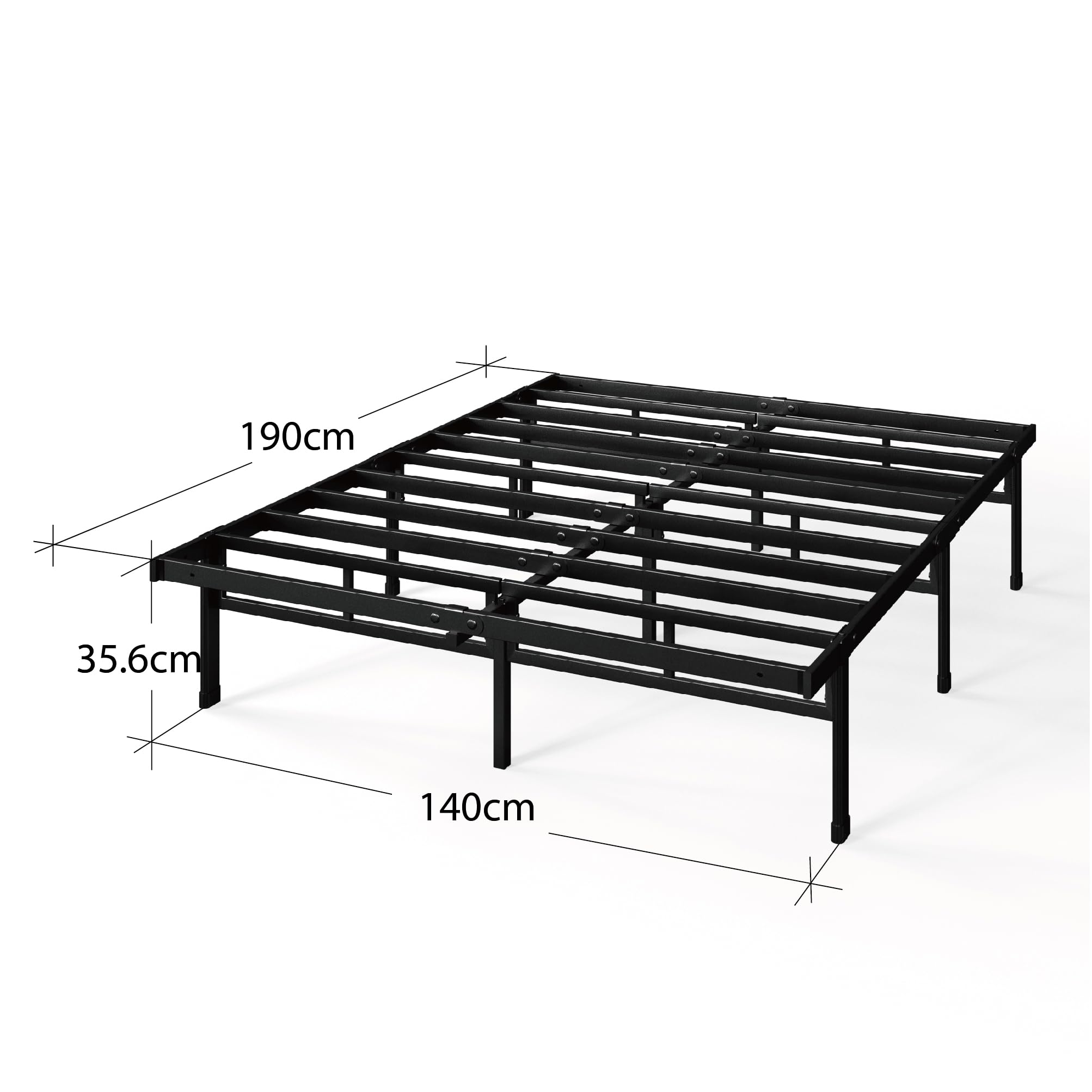 Zinus Justin Lit Double 140x190 cm avec Lattes en Métal - Cadre de Lit 2 Places en Acier Robuste - Rangement sous Le Lit - Montage Facile - Noir
