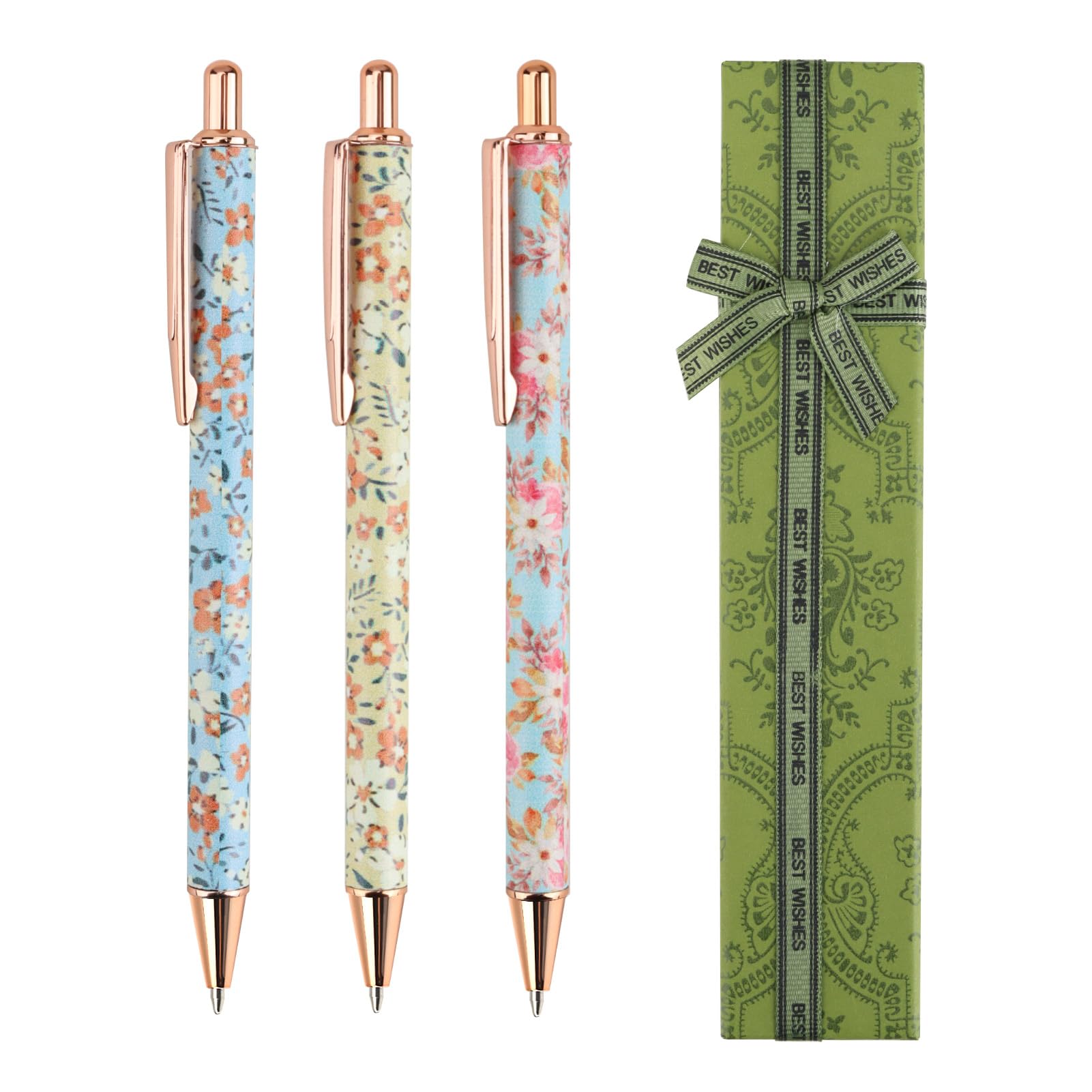 3Pcs Floral Ballpoint Pen Fancy Metal Flower Retractable Art Ballpoints Pens Sets with Box Smooth Writing Gifts for New Year 2026 Back to School Student Teacher Classmate Birthday Office