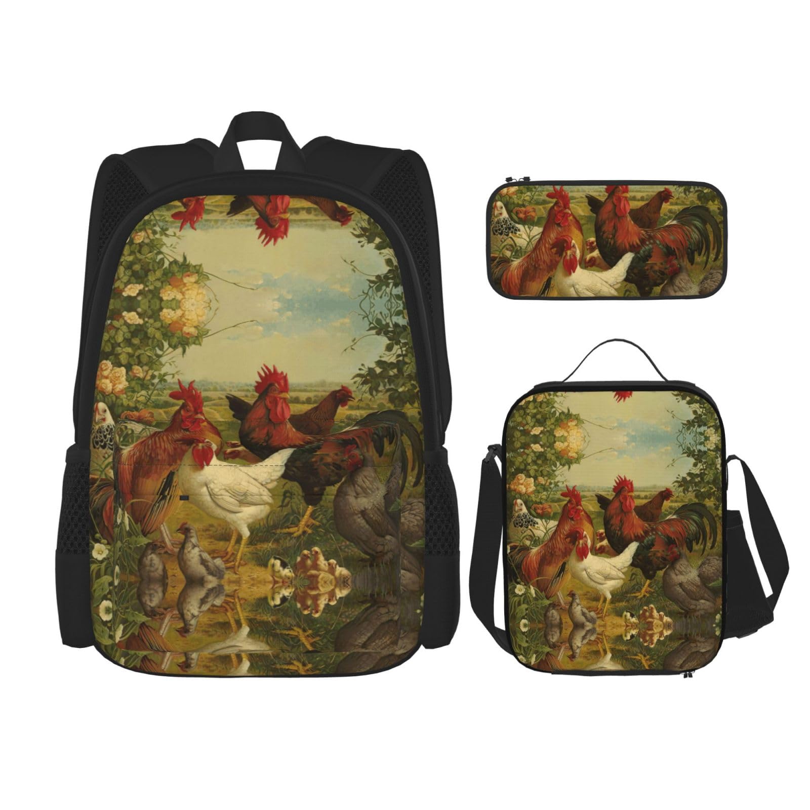 Schulrucksack-Set, Motiv: Hühner und Bauernhof, großes Fassungsvermögen, wasserabweisend, Laptop-Rucksack mit isolierter Lunchtasche und Federmäppchen für Mittelschule, Teenager, Schulbedarf