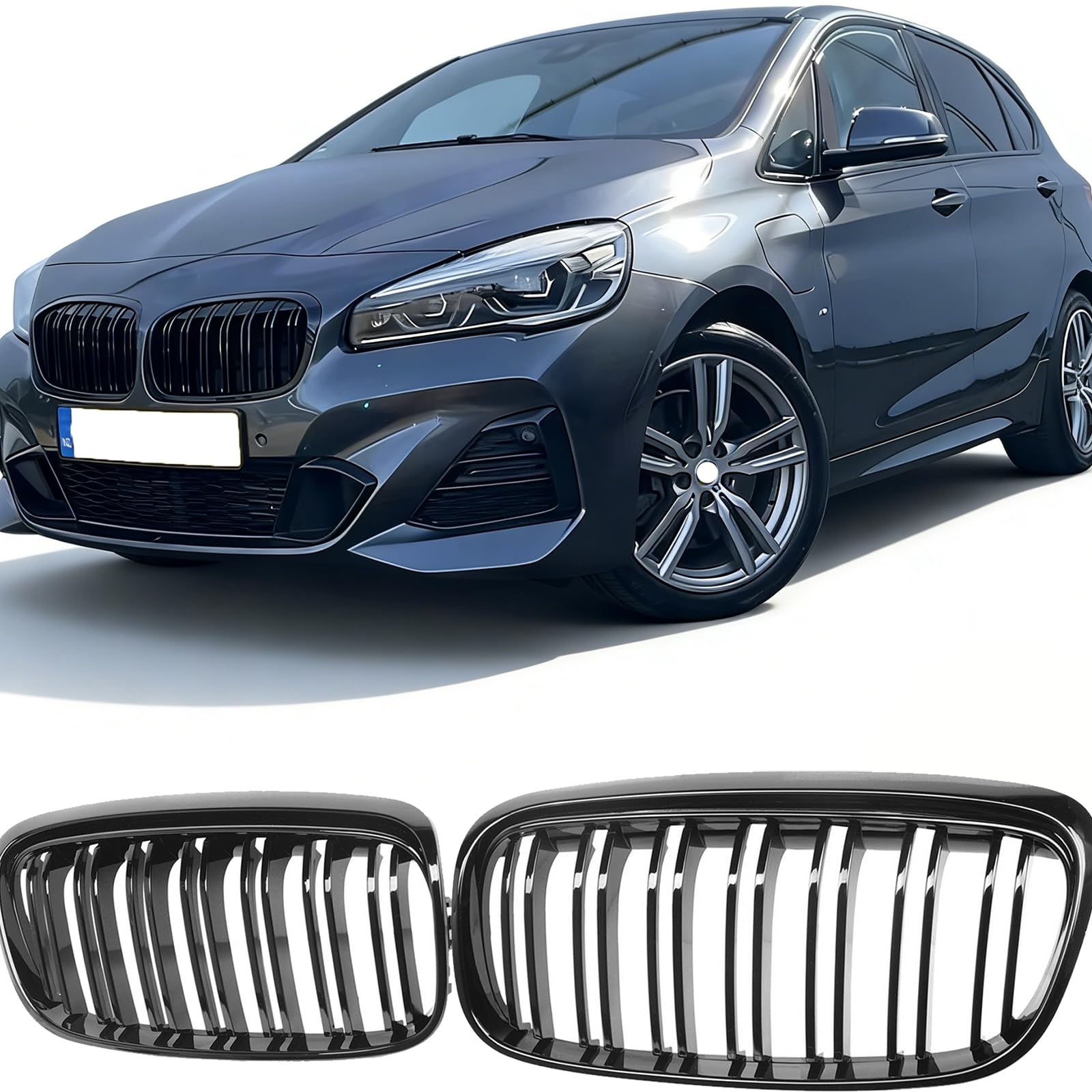 Sport Kühlergrill Nieren kompatibel mit BMW 2er F45 F46 Bj. 2012-2018 Glanz Schwarz Doppelsteg Grill