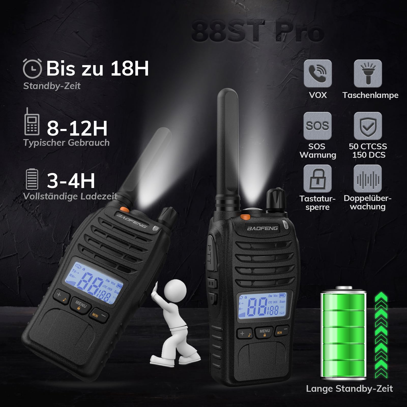 BAOFENG BF-88ST Pro PMR446 Walkie Talkie, Verbesserte Wiederaufladbare Lizenzfreie Funkgeräte mit Großer Reichweite, LCD-Display, VOX-Dual-Watch, Desktop-USB-Ladegerät und Ohrhörern, 4er-Pack
