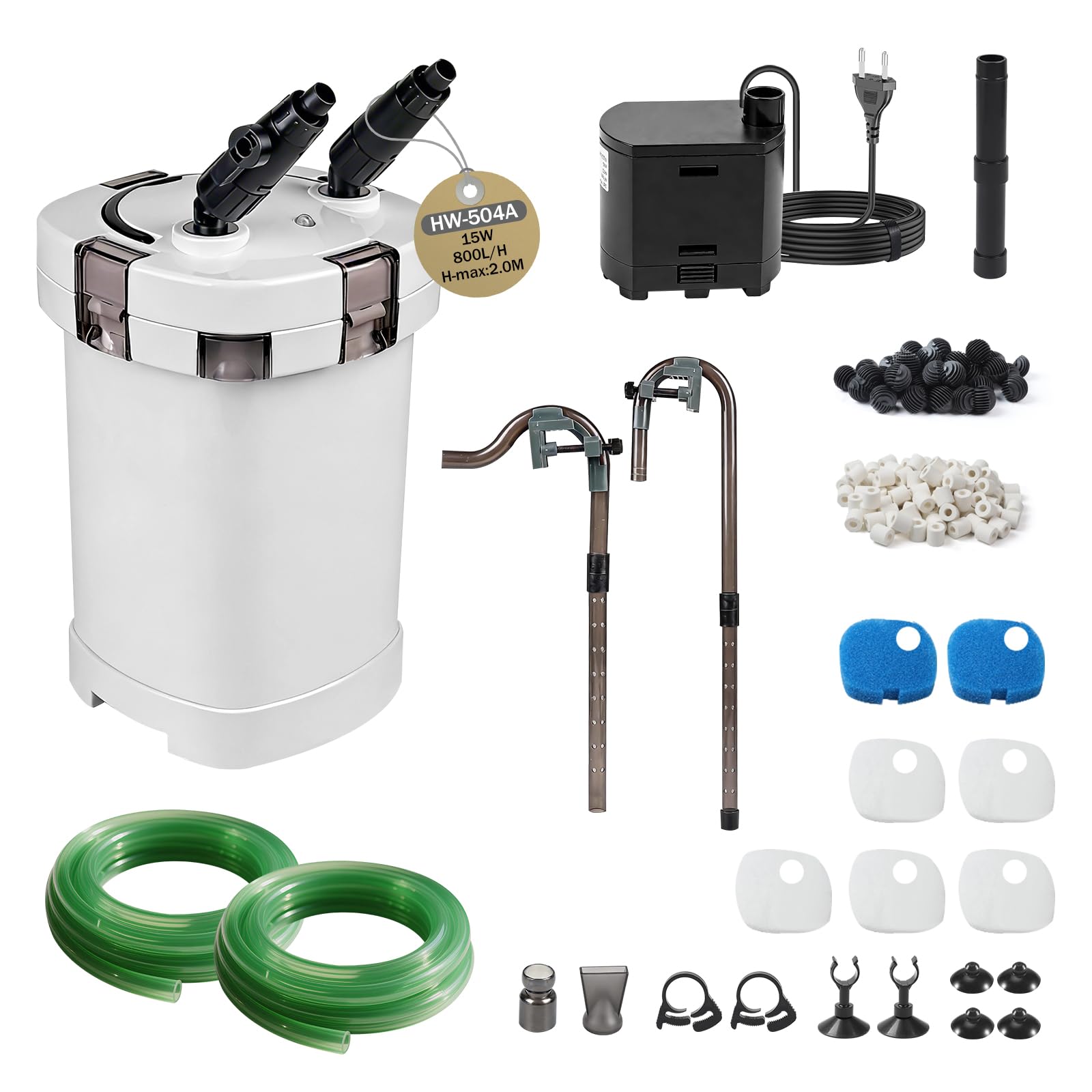 EXLECO Filtr zewnętrzny do akwarium 800 l/h 15 W, regulowana pompa filtrująca do akwarium, 3-stopniowa filtracja do akwarium z materiałem filtrującym i wężem powietrznym do akwariów do 300 litrów HW