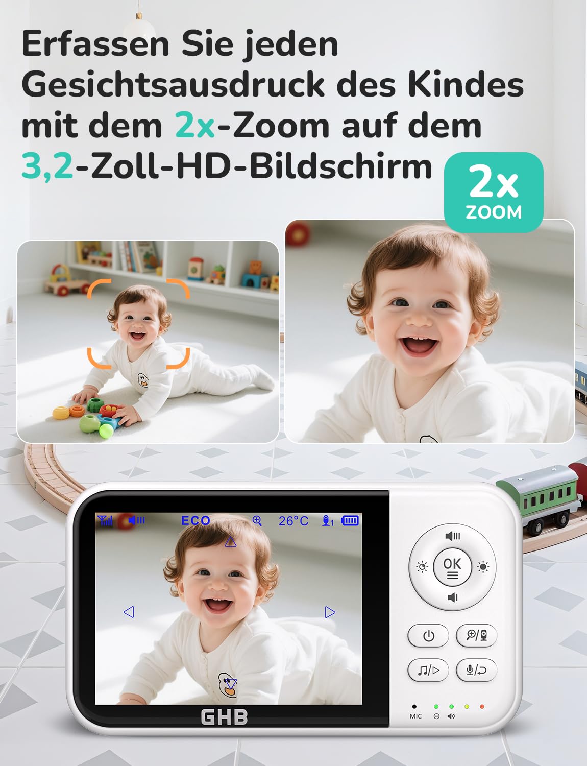 GHB Babyphone mit Kamera Baby Monitor 3,2 Zoll LCD 2100 mAh Akku 2X Zoom Temperatursensor Nachtsicht Gegensprechen Weiß
