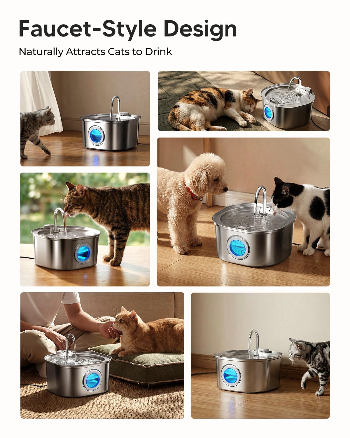 PEKTACO Fuente de Agua para Gatos, Fuente de Agua para Mascotas para Gatos/Perros en Interiores, Fuentes de Agua para Gatos de Acero Inoxidable con Ventana de Nivel de Agua (3.2 L/108 onzas)
