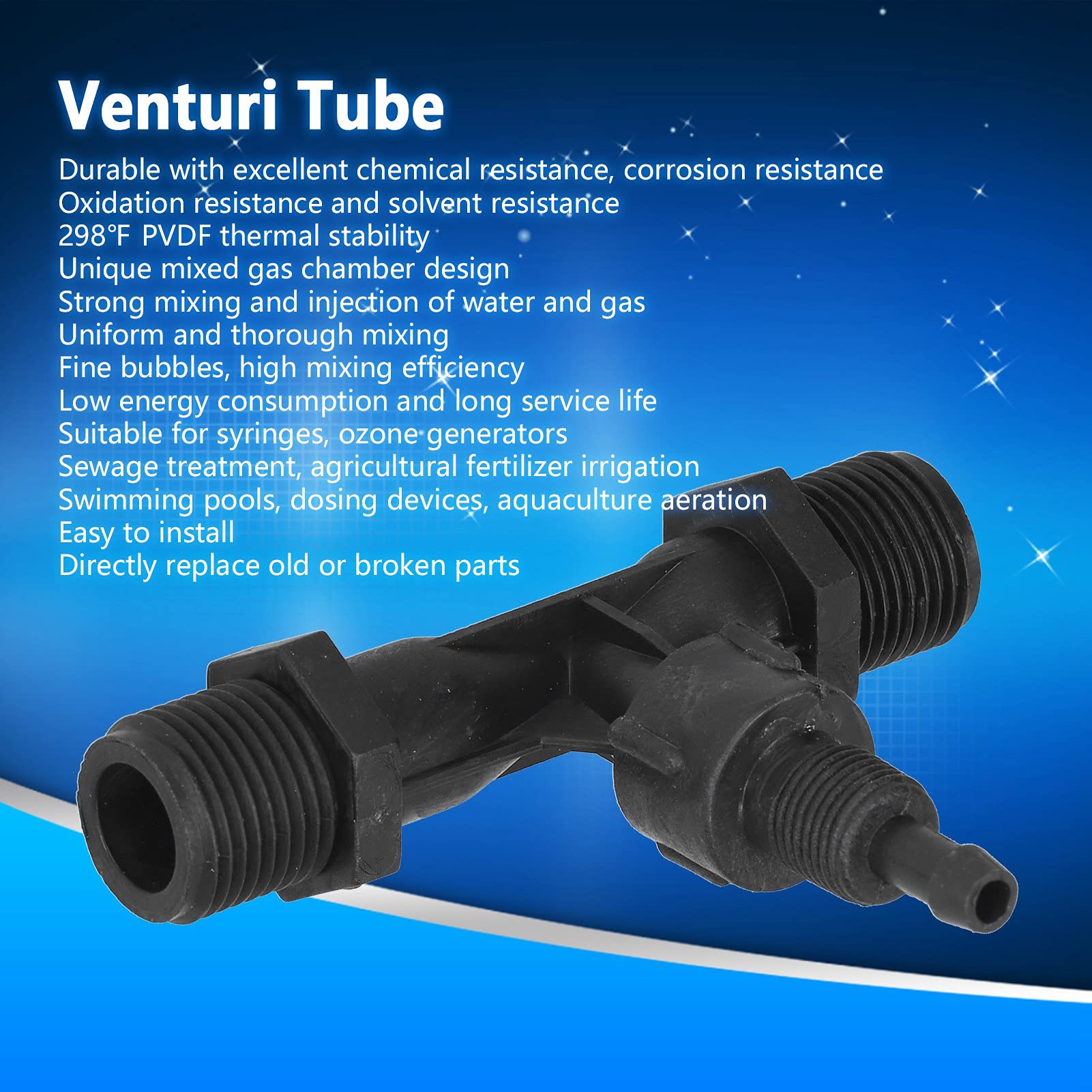 Fyearfly Connecteur de tube Venturi de 1,27 cm, injecteur de mélange de gaz liquide PVDF pour générateur d'ozone agricole et mélangeur d'engrais Venturi G1/2"