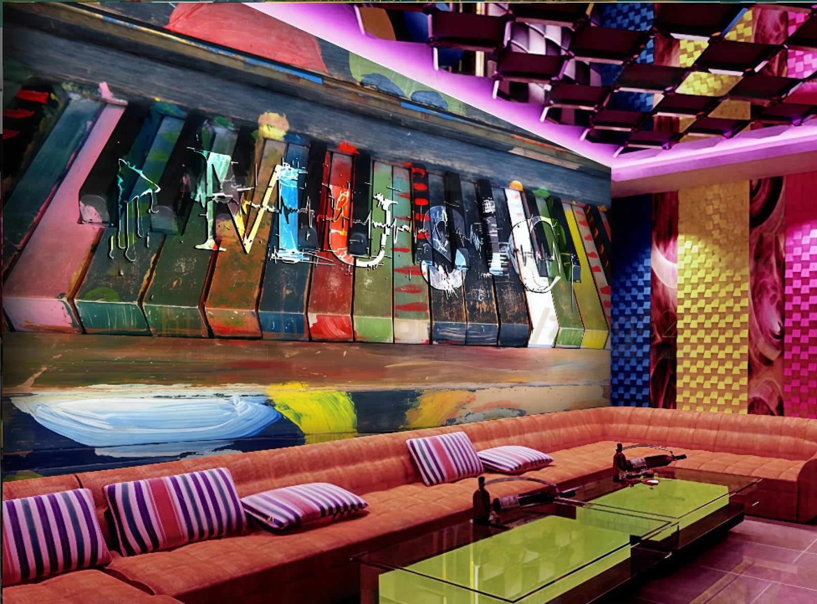 Tapeta Trójwymiarowa Kolor Klawisze Fortepianu Napis Muzyczny Motyw Bar Zachodnia Restauracja Tło Fototapeta Popołudniowa Herbata Kawiarnia Tapeta, 3D, 250x175cm