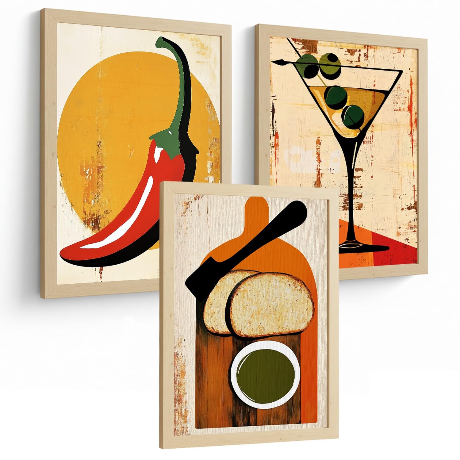 Nacnic Set De 3 Láminas Cocina Vintage Retro Cuadros Pared Chile Martini Y Pan Aceite Oliva Cartel Clásico Póster Decoración Comedor Bar A3 Marco Madera Clara