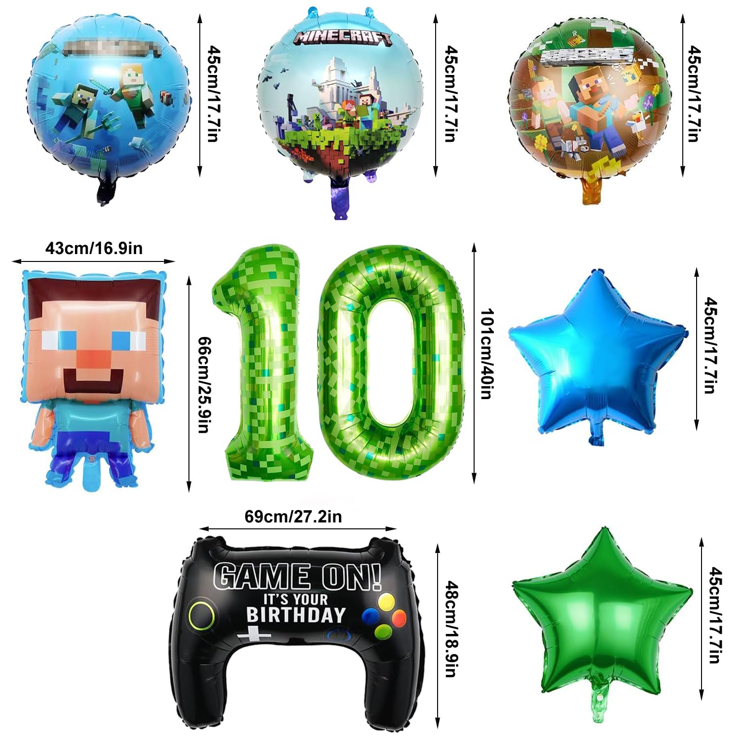 Set di 10 decorazioni per compleanno, 13 pezzi, set di 13 palloncini Pixel per ragazzi, sacchetti di compleanno, palloncini e decorazioni per feste dei bambini, sacchetti regalo per 10 anni di