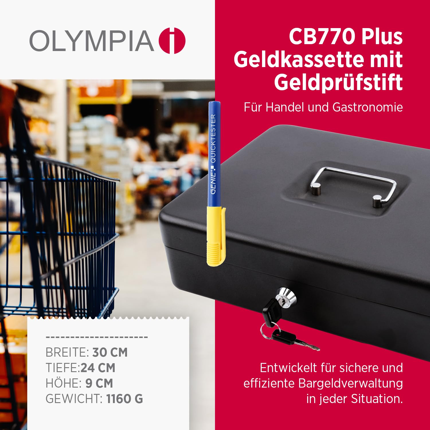 Olympia CB 770 Plus Caisse à Monnaie avec Détecteur de Faux Billets GENIE (en Acier Revêtu par Pulvérisation, Poignée Escamotable, Serrure à Cylindre de Sécurité, 30 x 24 x 9 cm), Noir