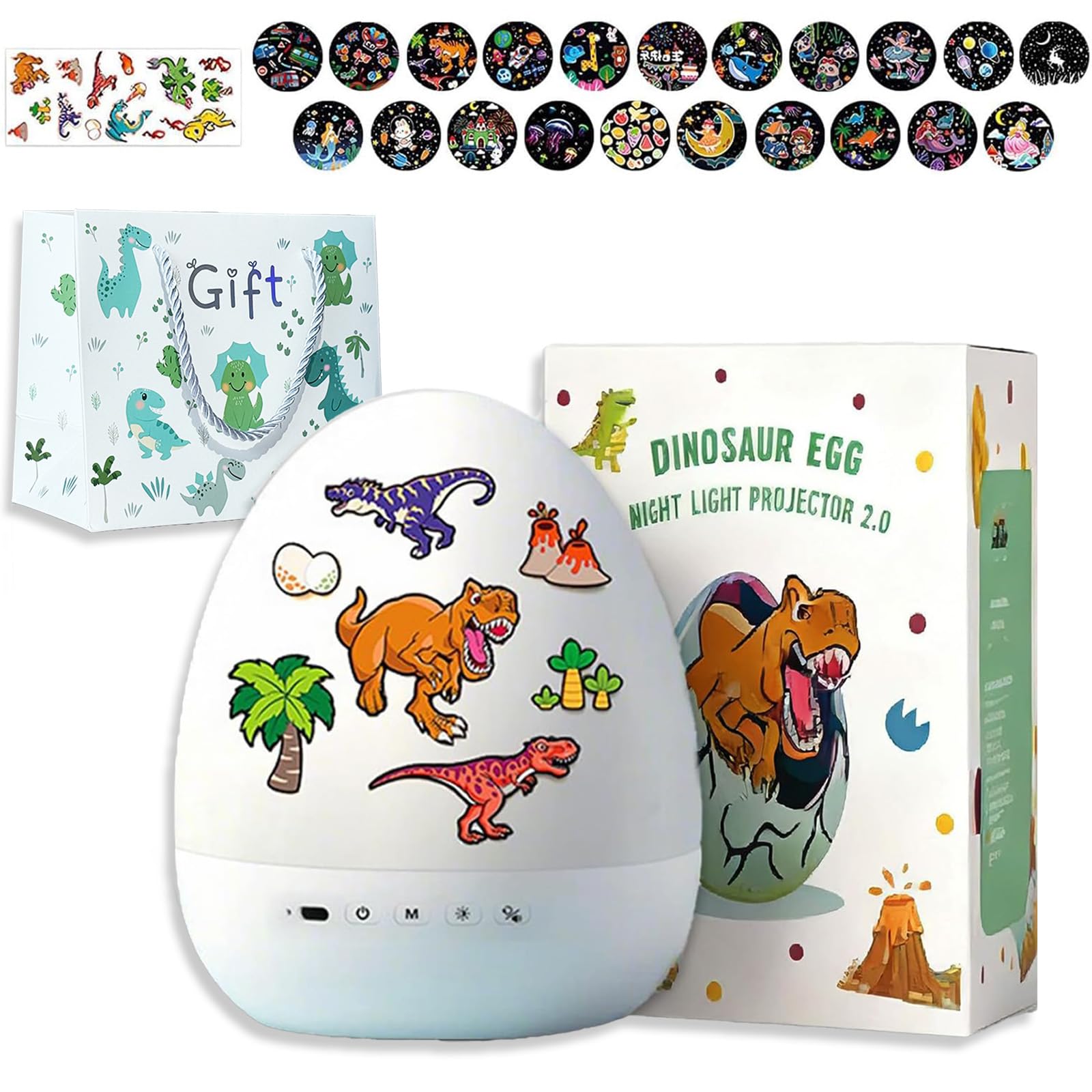 Dinosaur Egg Night Light Projector For Kids, 3 in 1 Dinosaur Night Light for Boys, Rechargeable baby Night Light Projector and Music, 360° Rotation,3 Lighting Modes with 21 Slides&8 Sounds (A)