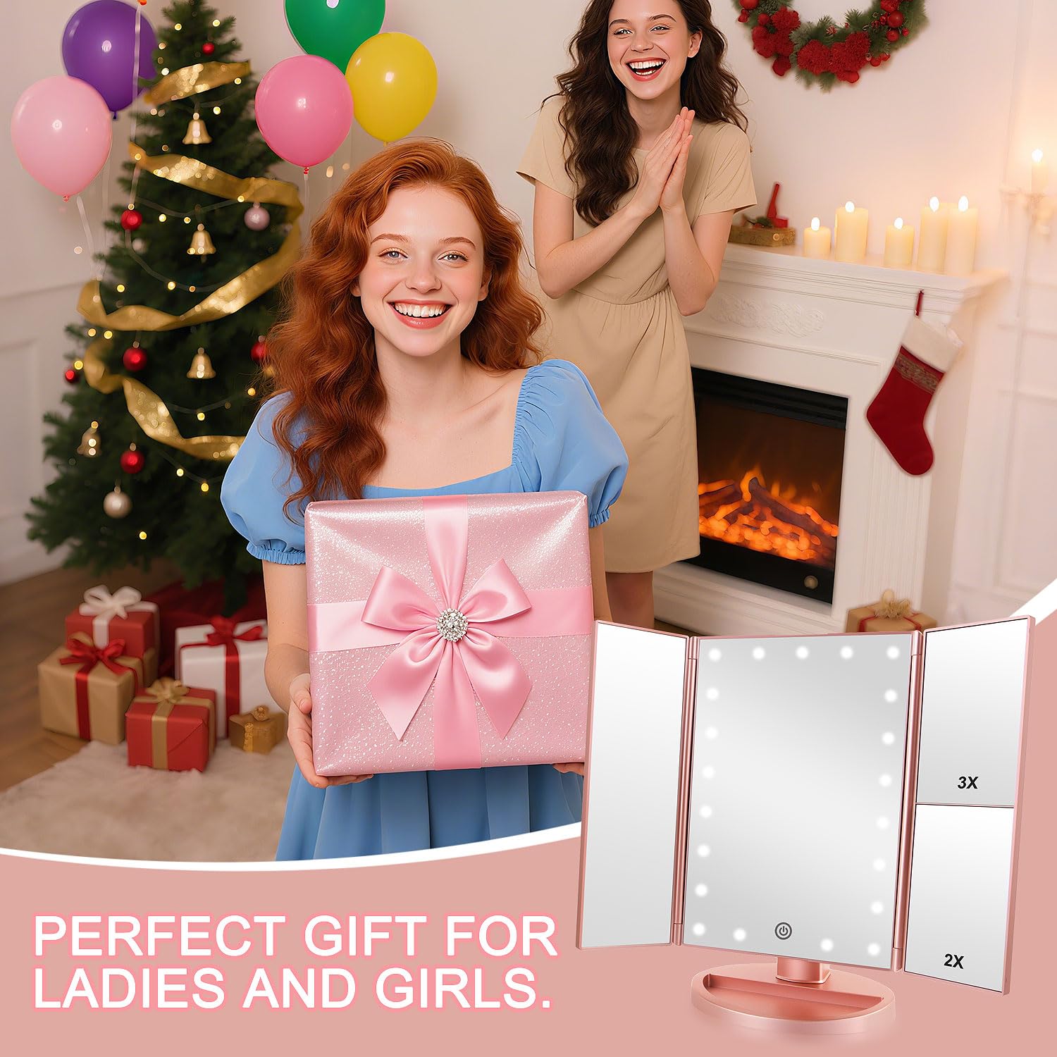 Flymiro Specchio Trucco, Specchio per Il Trucco con Luce 1x / 2X / 3X Trifold ingrandente 21 LED Touch Screen, Regolabile a 180° Specchio cosmetico per Il Trucco per viaggio(Oro Rosa)