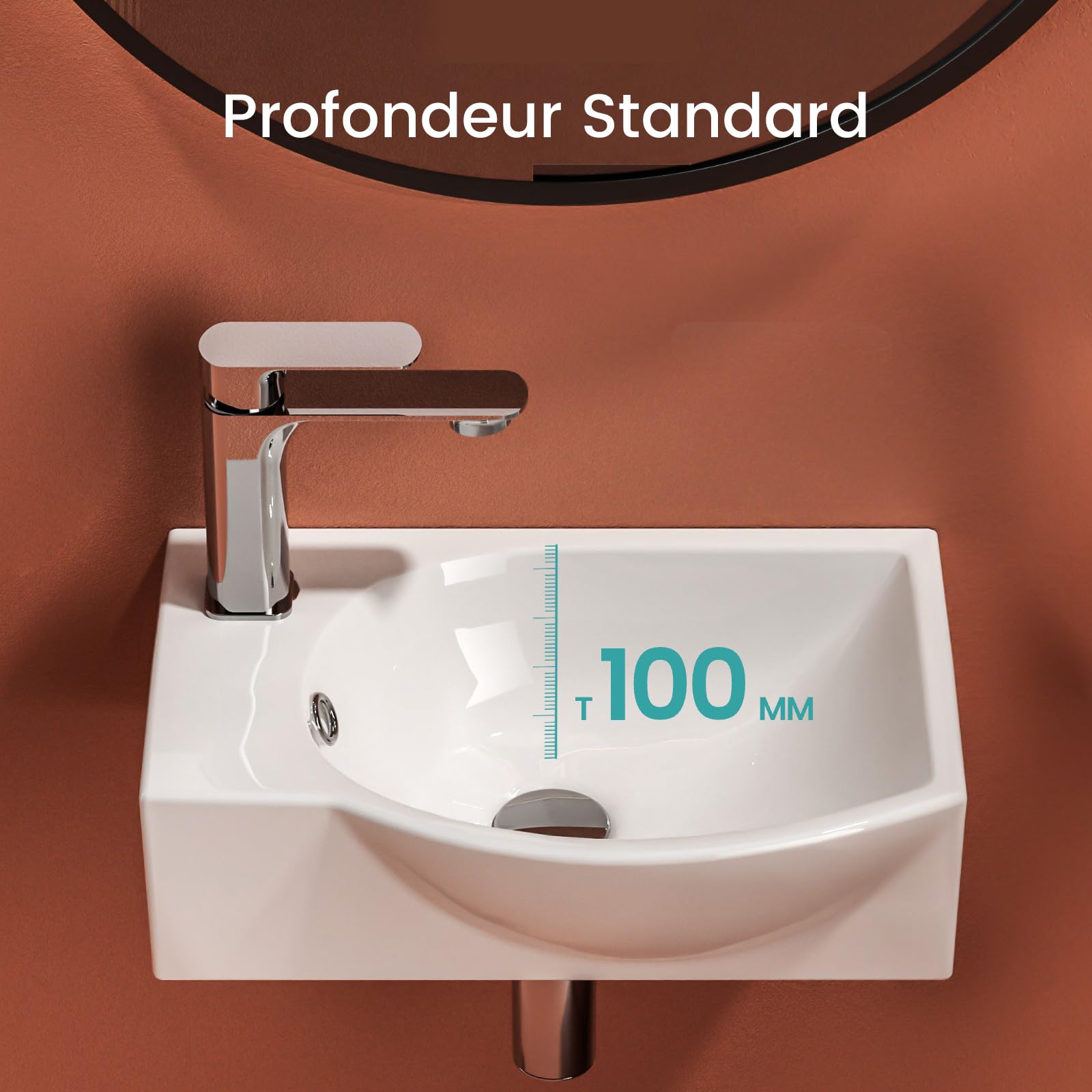EMKE Lavabo colgante 405 x 280 x 140 mm - Lavabo compacto y elegante para baños pequeños y WC para invitados - Grifo izquierdo, instalación en pared, color blanco brillante