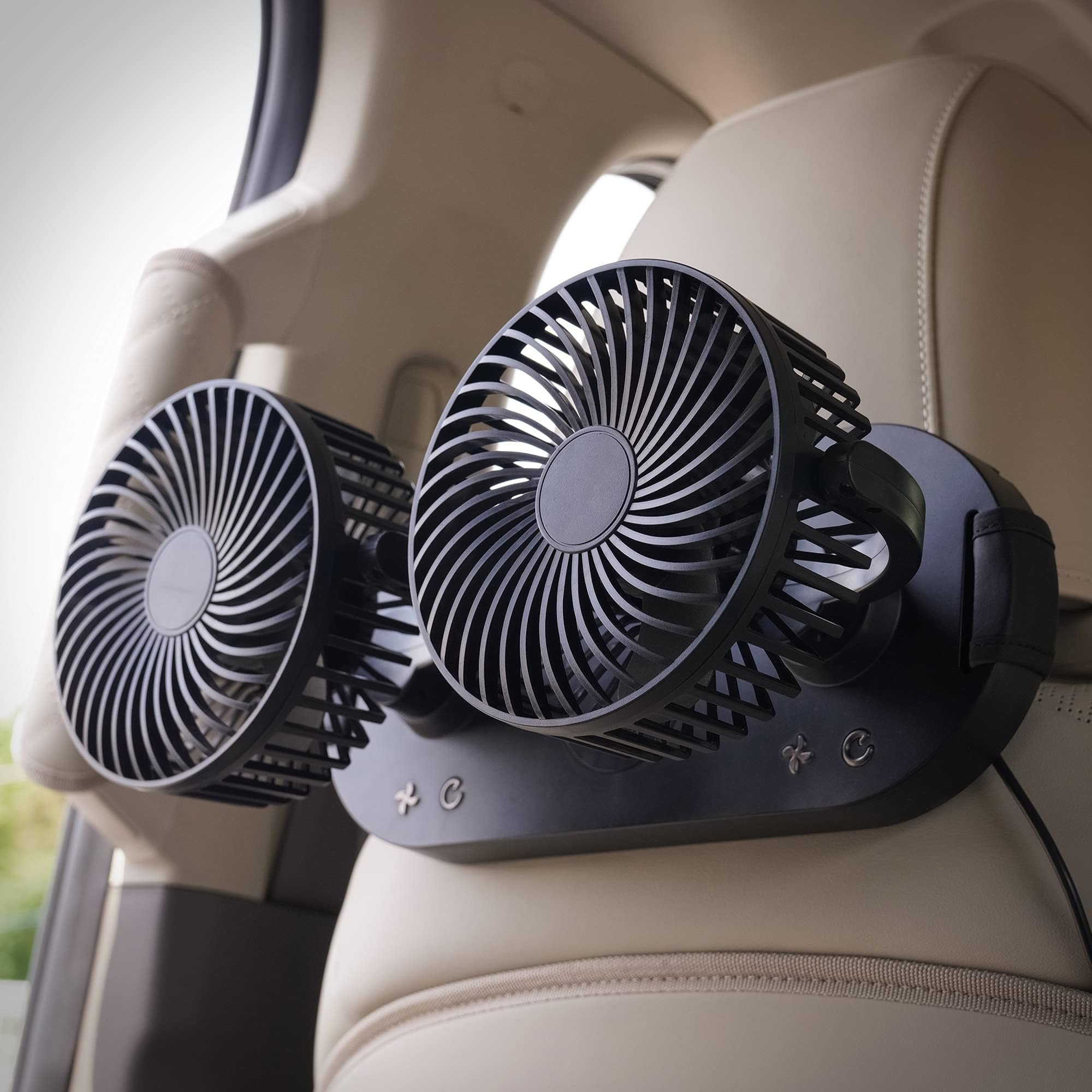 KMMOTORS Car Fan Automobile Vehicle Fan, Powerful Quiet 3 Speed Oscillation Twin Head Electric Car Fans with Comfortable USB Plug for Car/Vehicle, Pet Car Fan