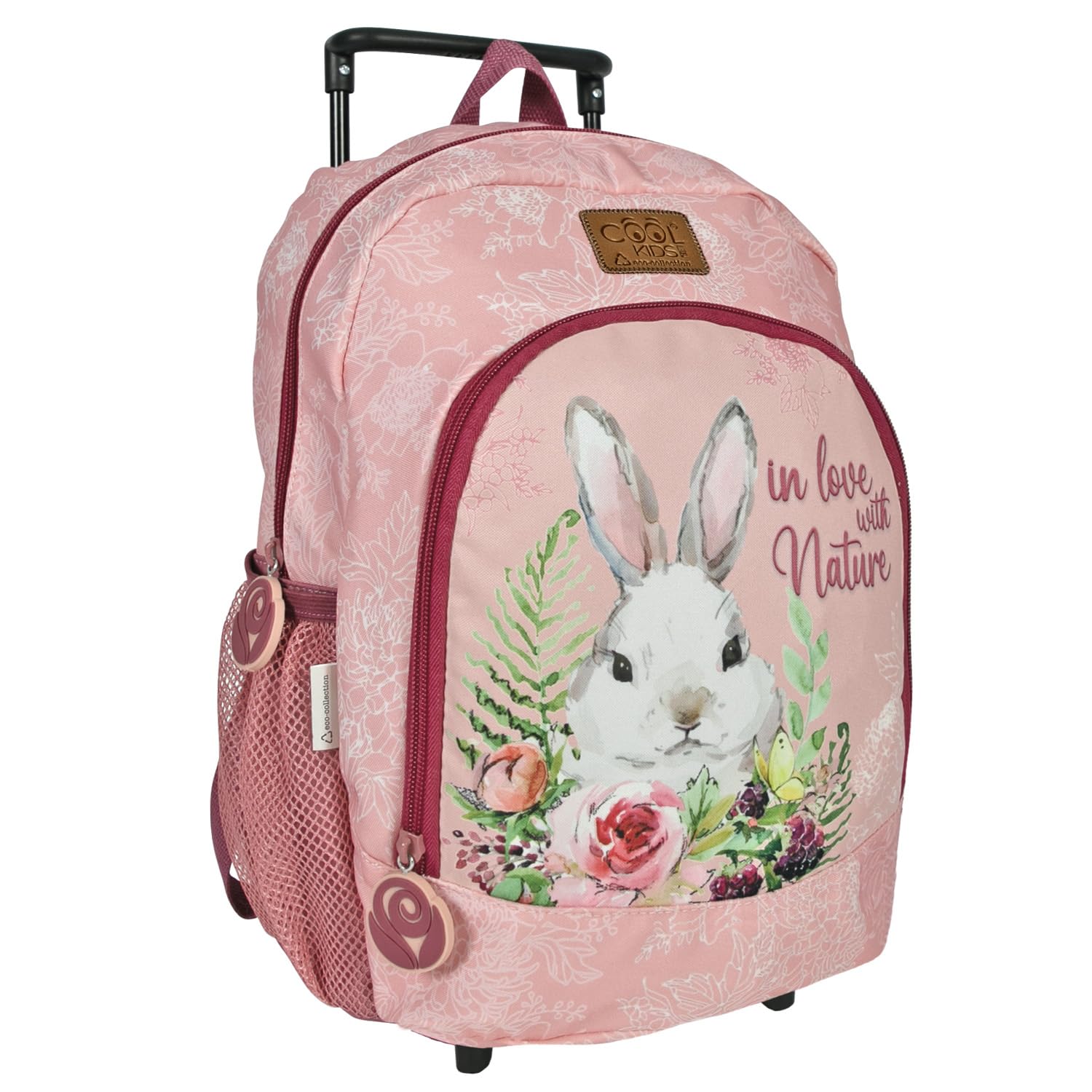 PERLETTI Mochila con Ruedas Niña Ecológica Conejito Bolsillo Frontal - Detalles Reflectantes Material Reciclable - Trolley Infantil Ajustable Rosa Viaje - 36x25x15cm (Conejo)