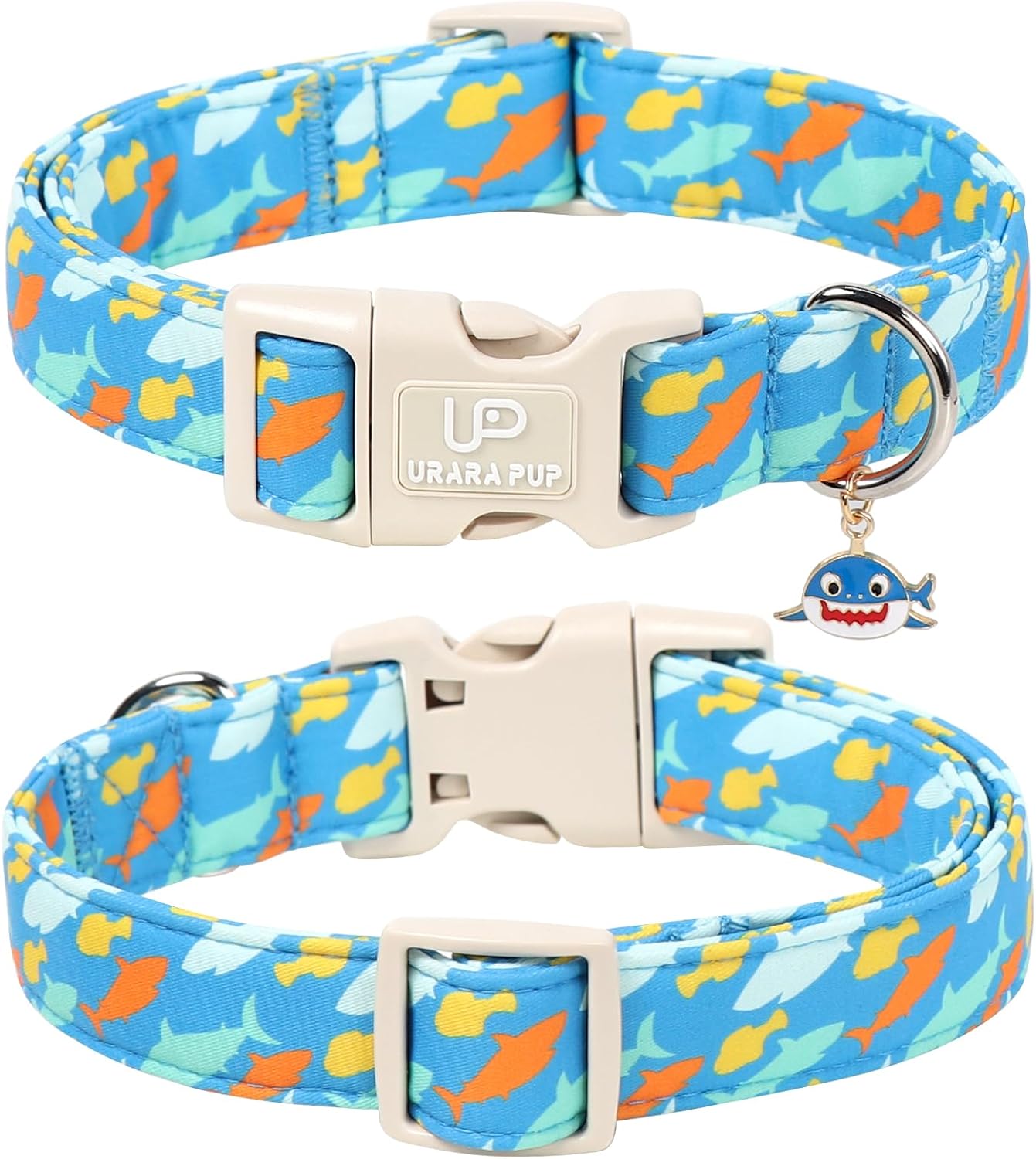 Shark Dog Collar, Summer Cotton Blue Adjustable Pet Collar for Male Dogs, Cute Ocean Pattern Soft Comfortable Durable Buckle with Charm for Boy Dogs image 2