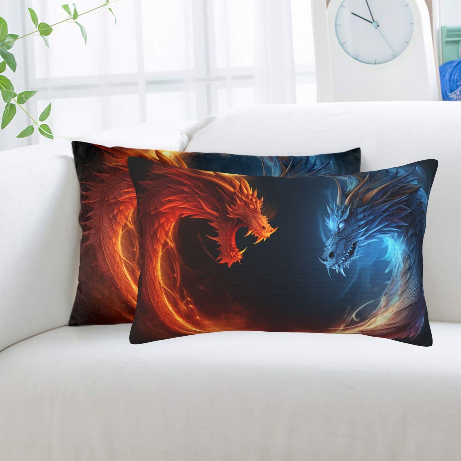 Housse de coussin dragon feu et glace 40x61 cm lot de 2 pour canapé