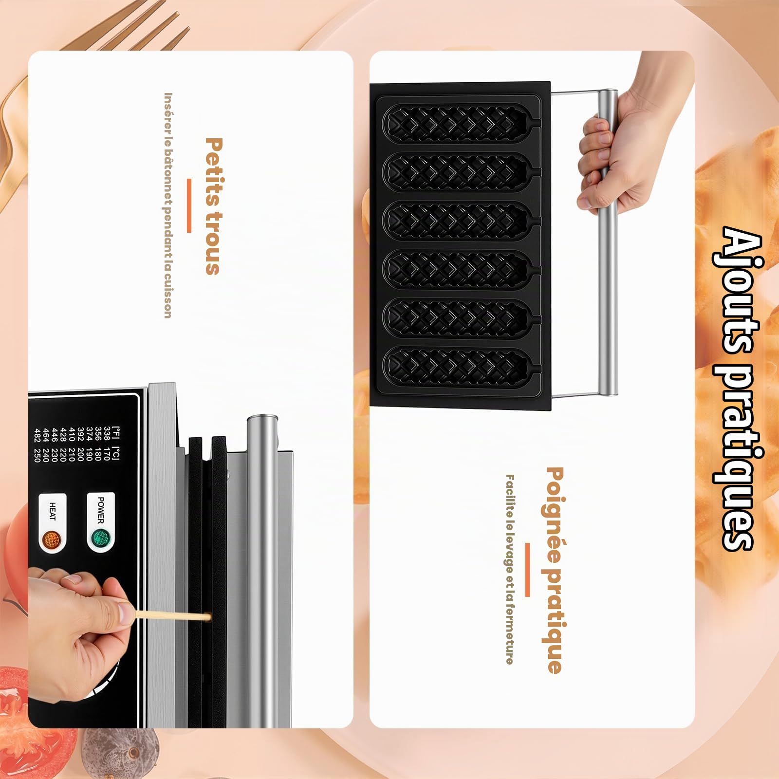 Waffeleosen - Gaufrier professionnel en acier inoxydable - 1500 W - Pour gaufres sur le manche - Pour 6 gaufres/hot-dogs en 5 minutes
