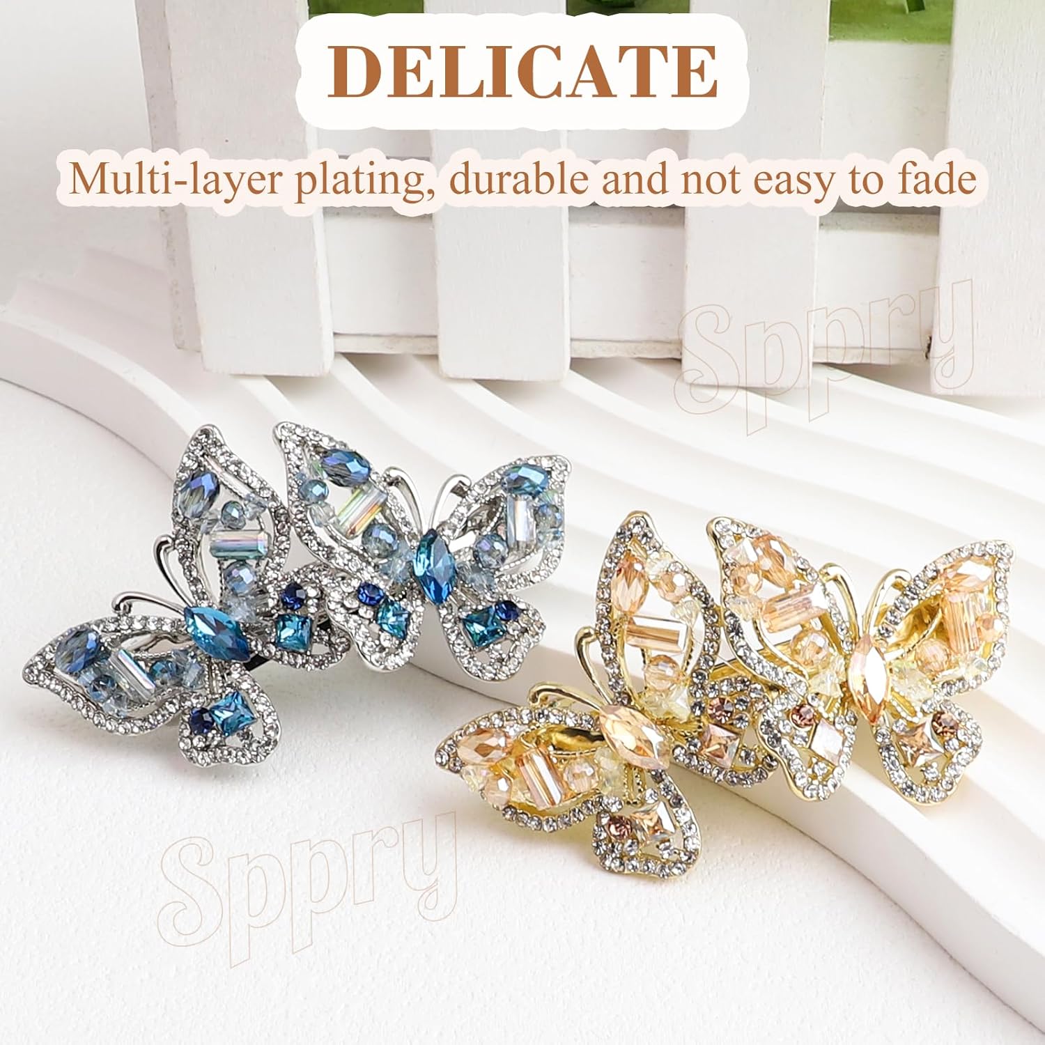 Luxury Butterfly Rhinestone Hair Barrette Clip for Women and Girls, Medium Size (Blue)