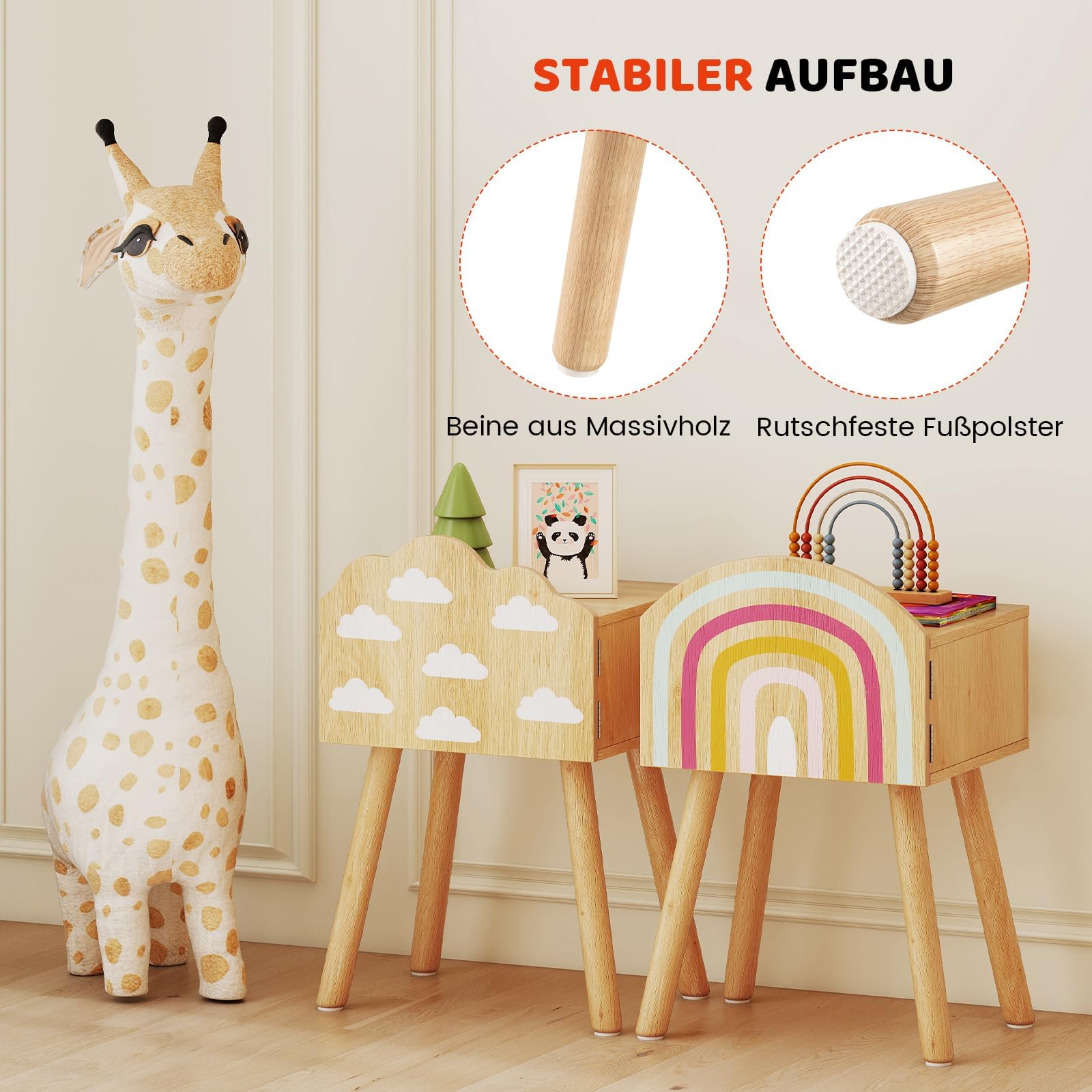 FANTASK Comodino per bambini, set di 2 comodini con motivo arcobaleno e nuvola, piccolo, tavolino carino armadio e gambe in legno massiccio, comodino per cameretta dei bambini, 34 x 30 x 54 cm