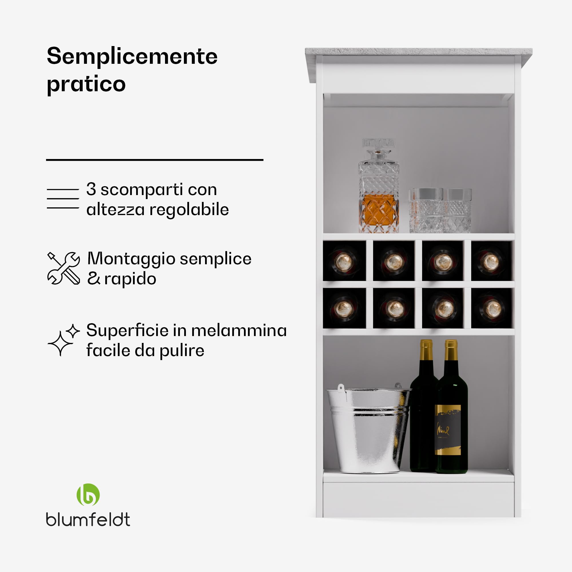 blumfeldt Tavolo Bar, Tavolo da Bar Alto per Cucina 110 cm con 3 Ripiani Regolabili, Tavolo Alto da Esterno Facile da Assemblare, Tavolo Bar Cucina a Isola, Rivestimento in Melamina Facile da Pulire