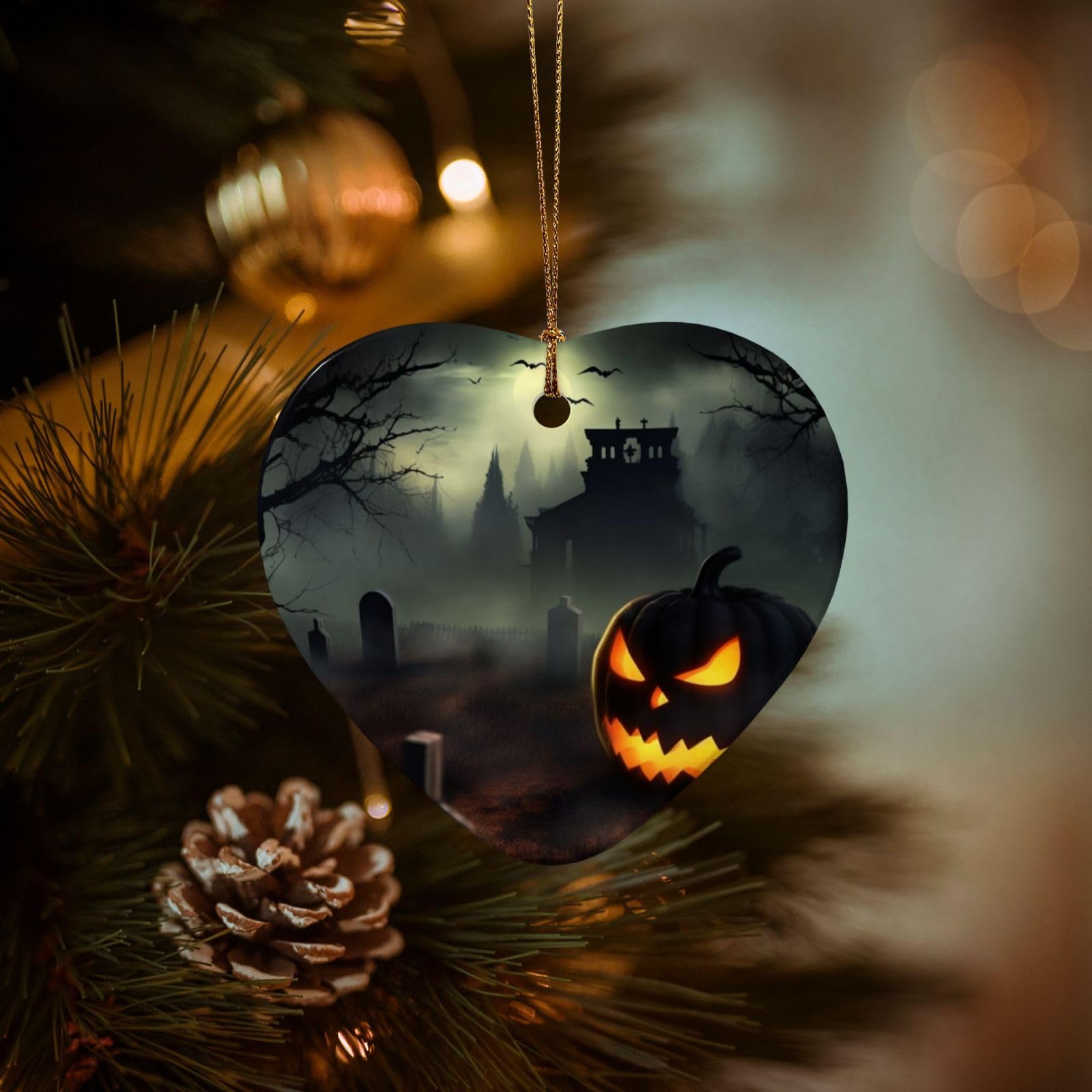 Christmas Ornaments for Christmas Tree Decoration Hanging Halloween Horror Ornament with Gold Ribbon Crafts Heart Shape Ceramic Pendant for Keepsake Gifts Xmas Decor Party Supplies
