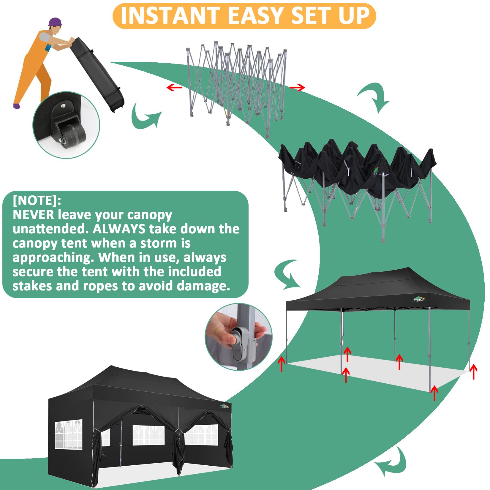COBIZI Faltpavillon 3x6 Wasserdicht Stabil Winterfest mit Seitenwand,Pop Up Pavillon Partyzelt,Sonnenschutz Gartenpavillon,Pavillon Faltbar mit Tasche mit Rollen(3 mal 6m Schwarz)
