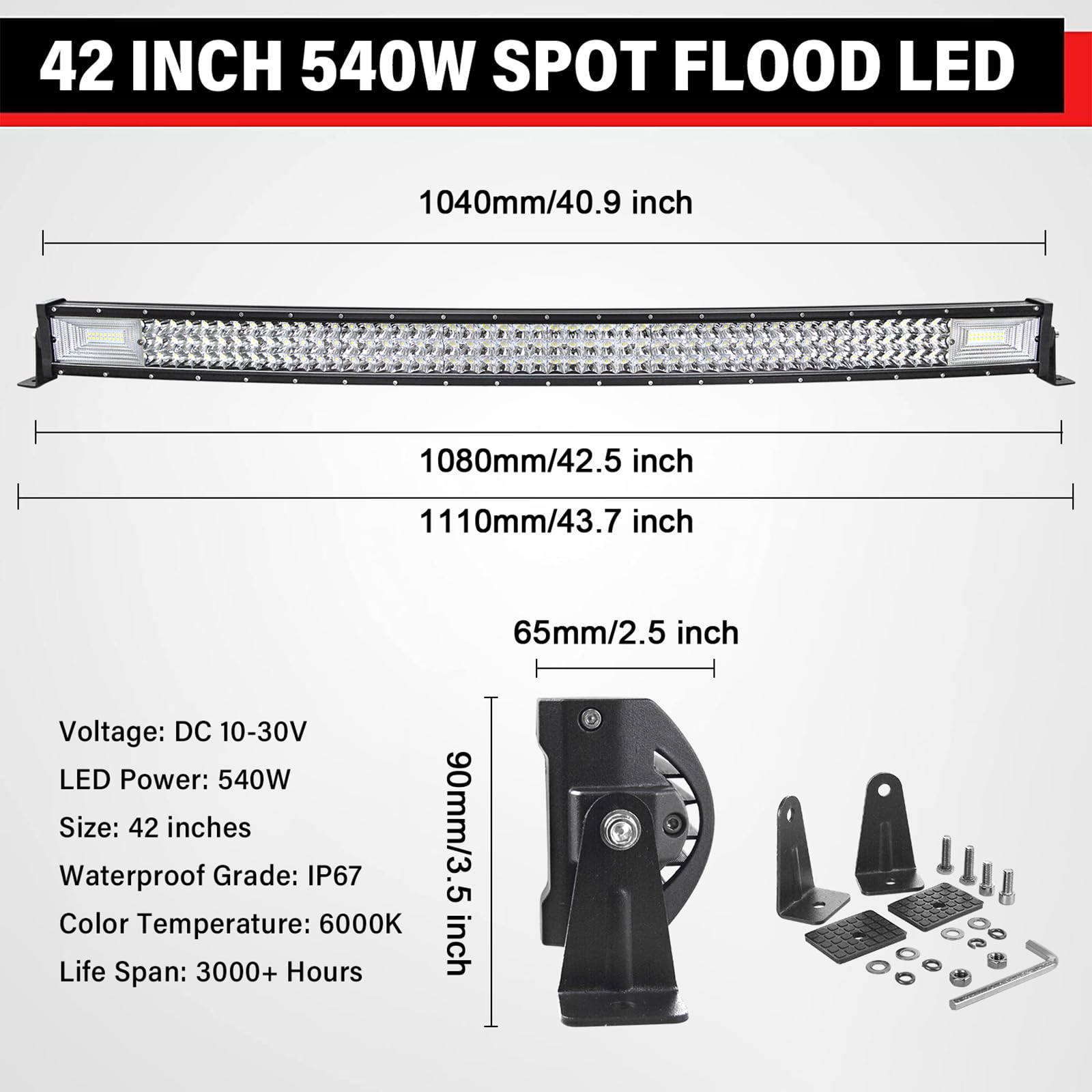 PICAA zakrzywiony wąski pręt LED 4x4, 42 cali 540 W z zestawem przewodów 12 V, potrójne rzędy Combo wodoodporna lampa do samochodu ciężarówki terenowej ATV SUV ciągnik