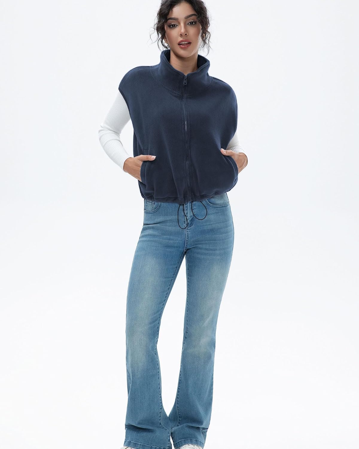 Women's Full Zip Fleece Short Vest Warm Winter Sleeveless Stand Collar Sherpa Crop Coat - Image 7