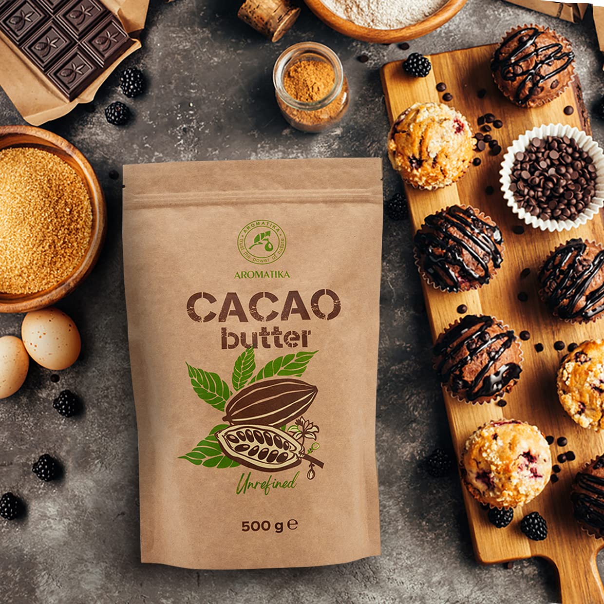 Burro di Cacao - 500g - Spremuto a Freddo - non Raffinato - Theobroma Cacao - per Uso Alimentare in Ricette Dolci, per Creme Fatte in Casa Corpo, Viso e Labbra