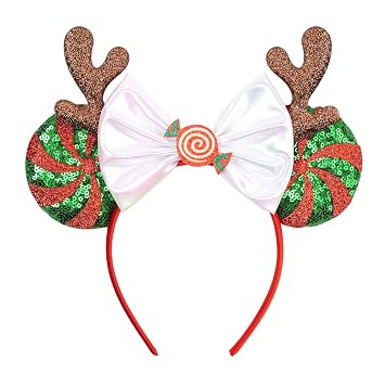 bianbaistar Christmas Candy Cane Mouse Ears Headband - Red Green Swirl Sequin Holiday Hair Accessory with Satin Bow