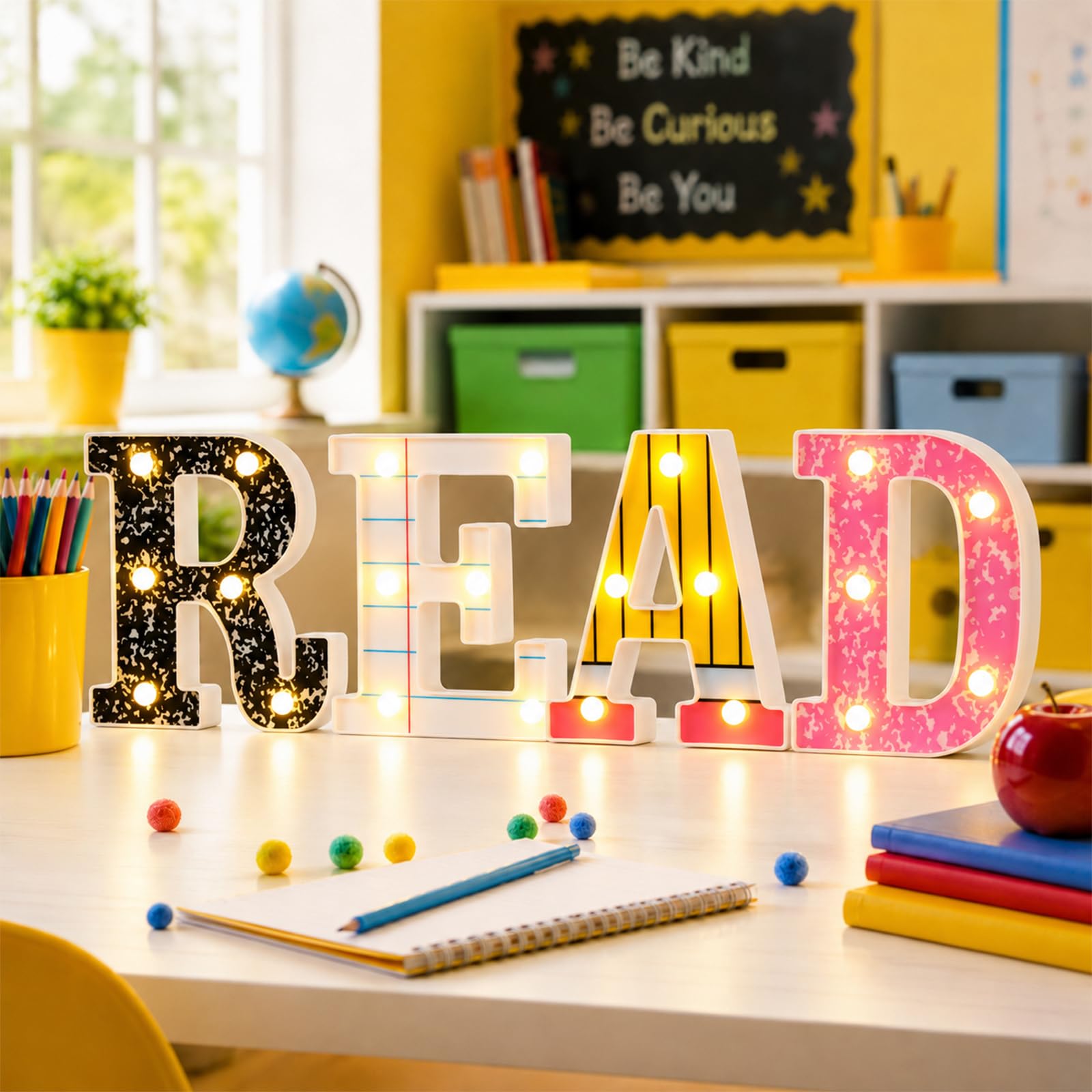 Yaomiao 4 decorazioni per angoli di lettura per aule letture marquee LED lettere segni composizione notebook matita lettere decorazione da parete biblioteca angolo decorazione per aule elementari
