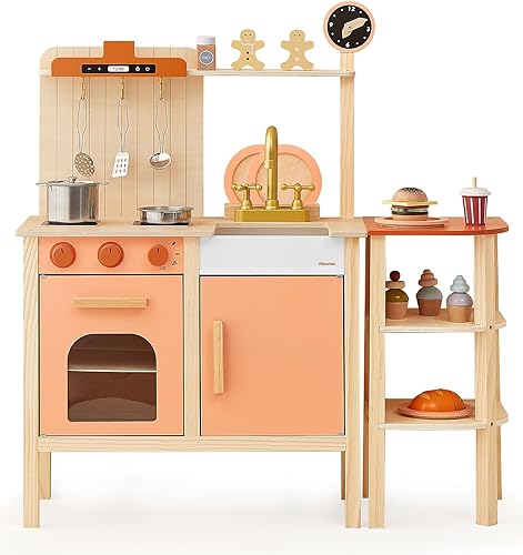 Cocina de madera 2 en 1 con estante de almacenamiento, juego de cocina para niños con fregadero, estufa, microondas y 8 accesorios, juguete de