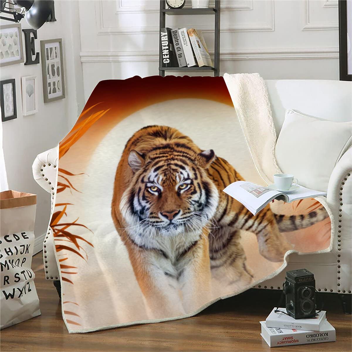 ALABOW 3D Tiger Kids Throw Blanket 130x150 cm Soft Warm Cozy Microfiber Sherpa Fleece Blanket Sofa Sunset Animals Lightweight Winter Blanket Machine Washable Bedspread for Bed and Couch