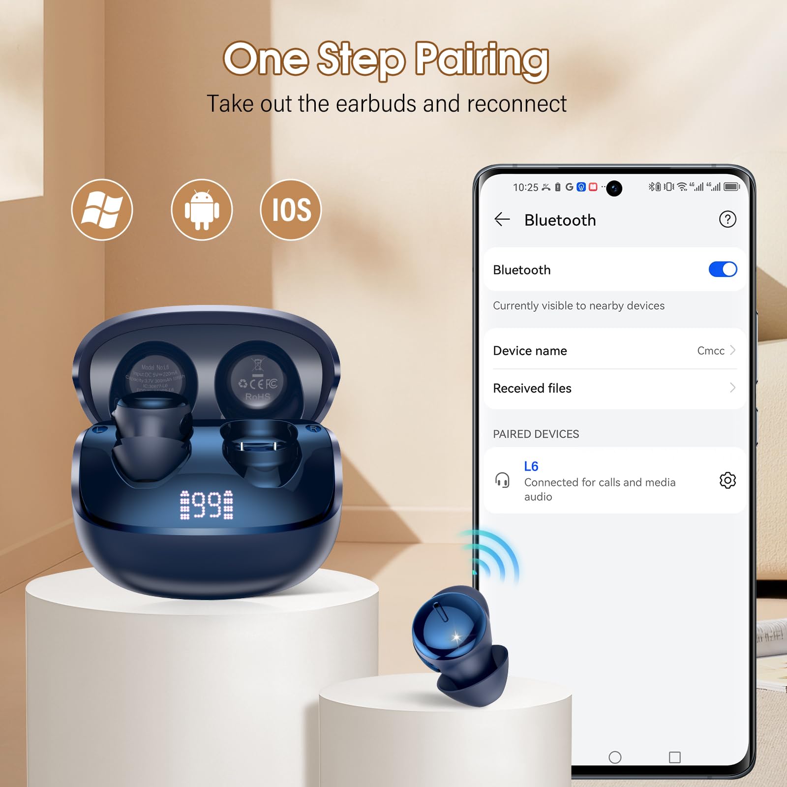 Auriculares Inalámbricos con Pantalla Táctil LED, Auriculares Bluetooth HiFi Estéreo, Mini Auriculare para Dormir Azul