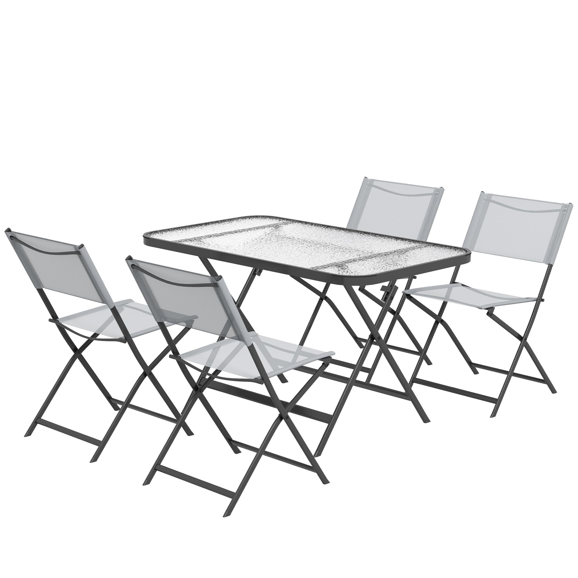 Outsunny Conjunto de Jardín Conjunto de Comedor de Exterior de 5 Piezas Incluye 1 Mesa de Vidrio Templado y 4 Sillas Plegables Estilo Moderno para Terraza Patio Gris