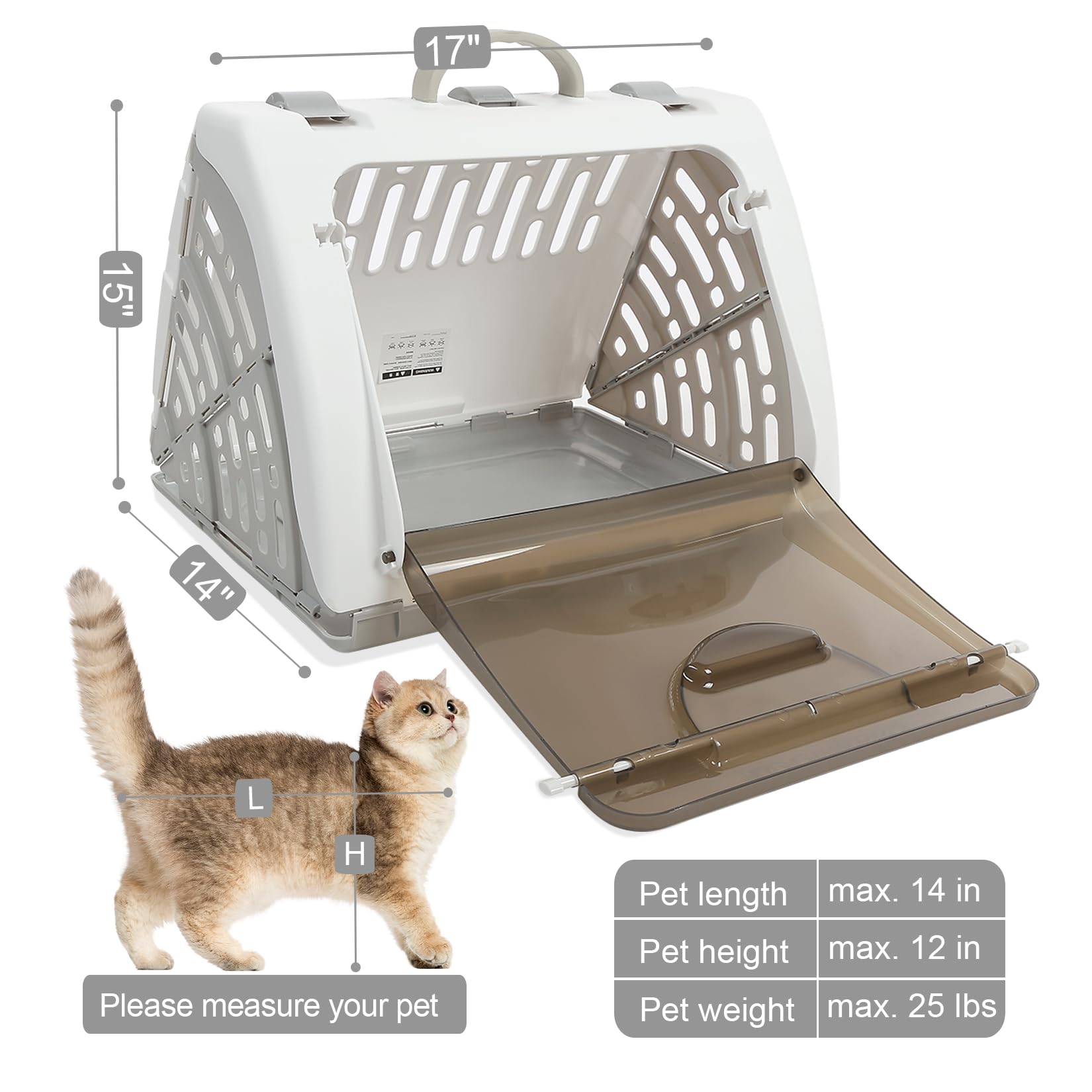 Transportador de plástico Duro y pequeño para Gatos de hasta 25 Libras, transportador de Mascotas para Perros pequeños, transportador de Conejos, cobayas, 17 Pulgadas de Largo x 14 Pulgadas
