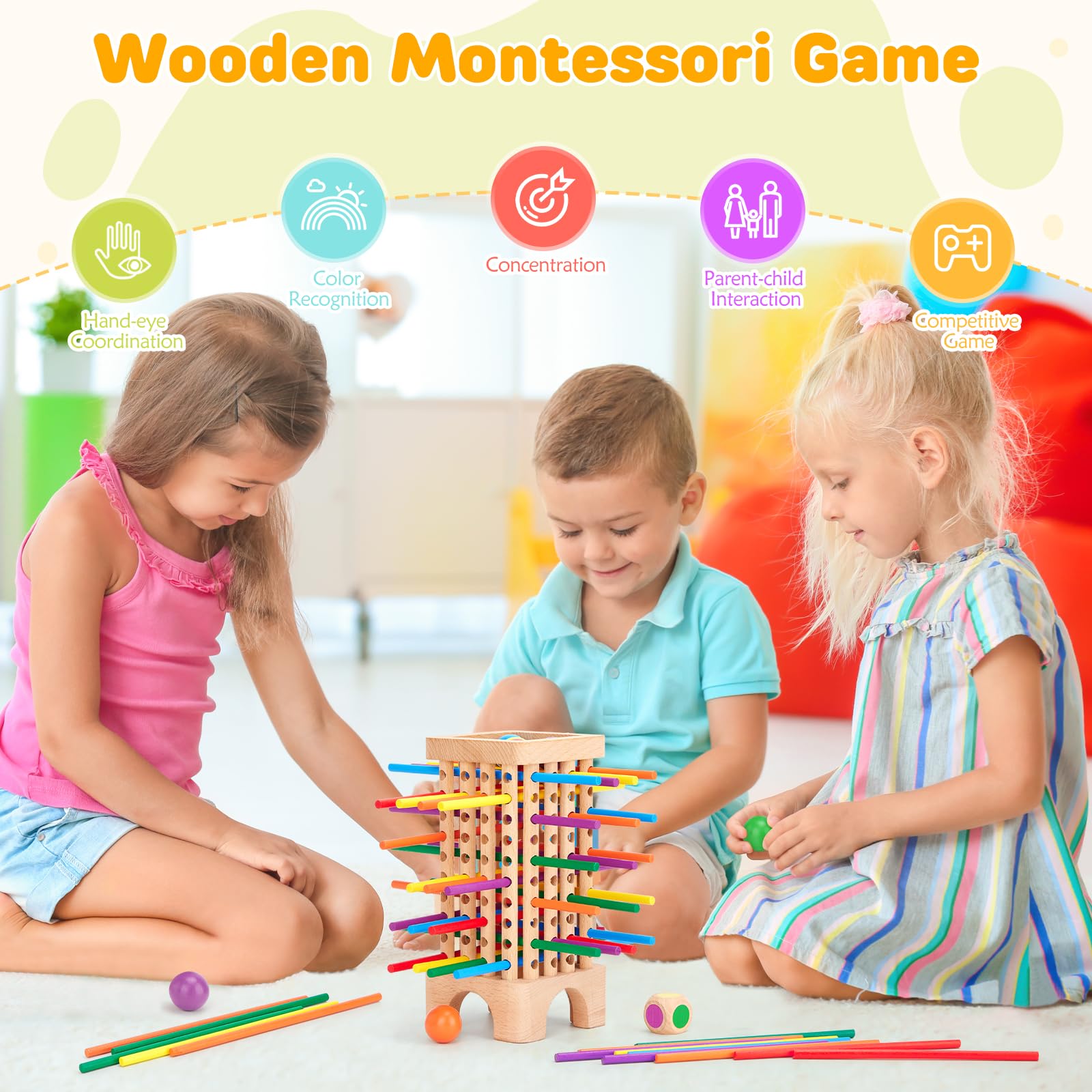 Monwoo Montessori Game Wooden Board Games, 42 Colorful Wooden Sticks Dice Games Math Educational Toys for 3 4 5 6 Years Old, Fine Motor Skills & Counting Toy, Family Travel Game for Kids Gifts in use