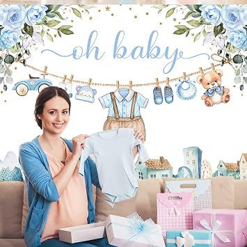 Sensfun Cute Clothes Baby Shower Backdrop for Boys Oh Baby Newborn Blue Floral Eucalyptus Leaves Adventure Baby Shower Party Decorations Banner Supplies Photo Booth Studio Props 7x5ft