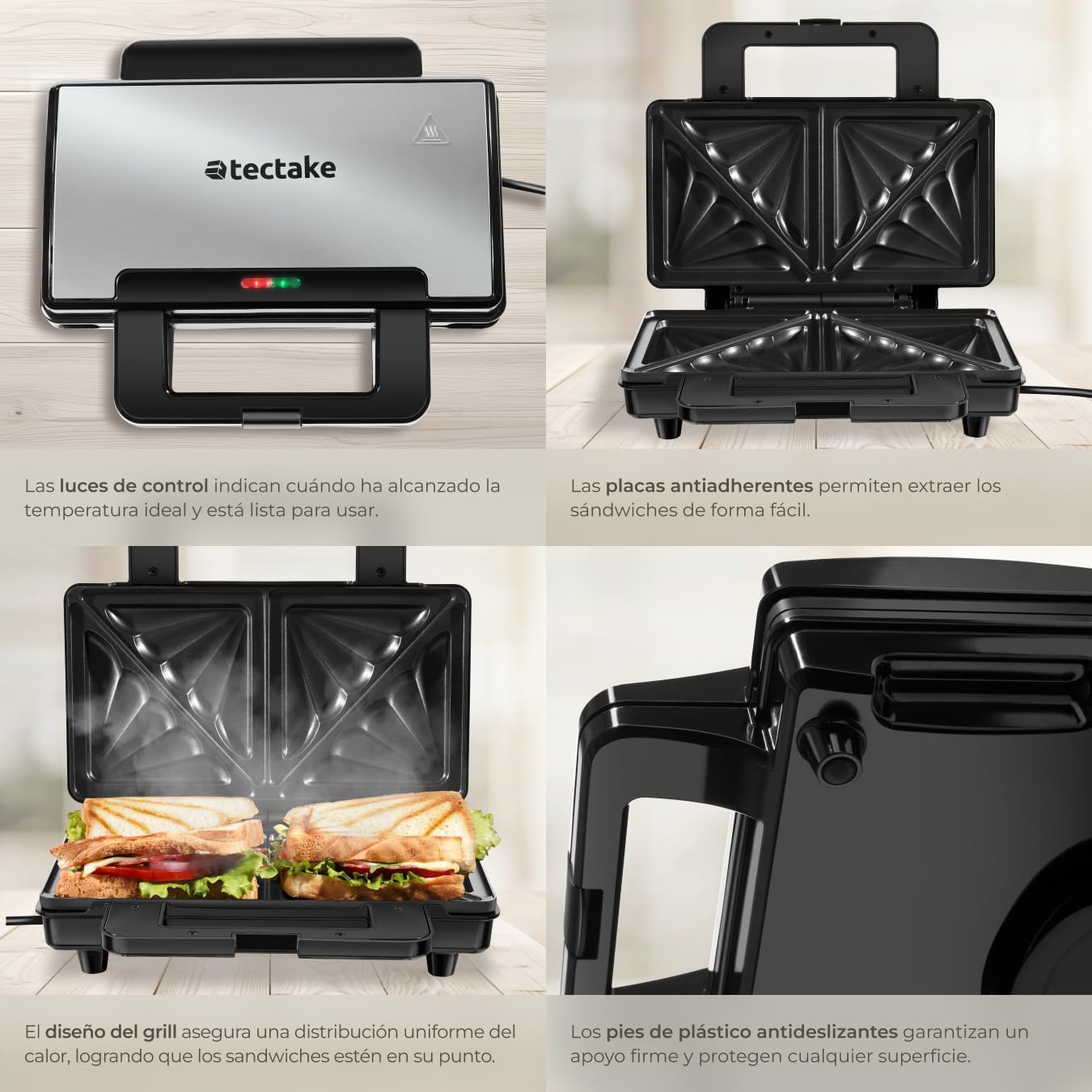 Collage of tectake SK1000W features including indicator lights, non-stick plates, cooking sandwiches, and non-slip feet.