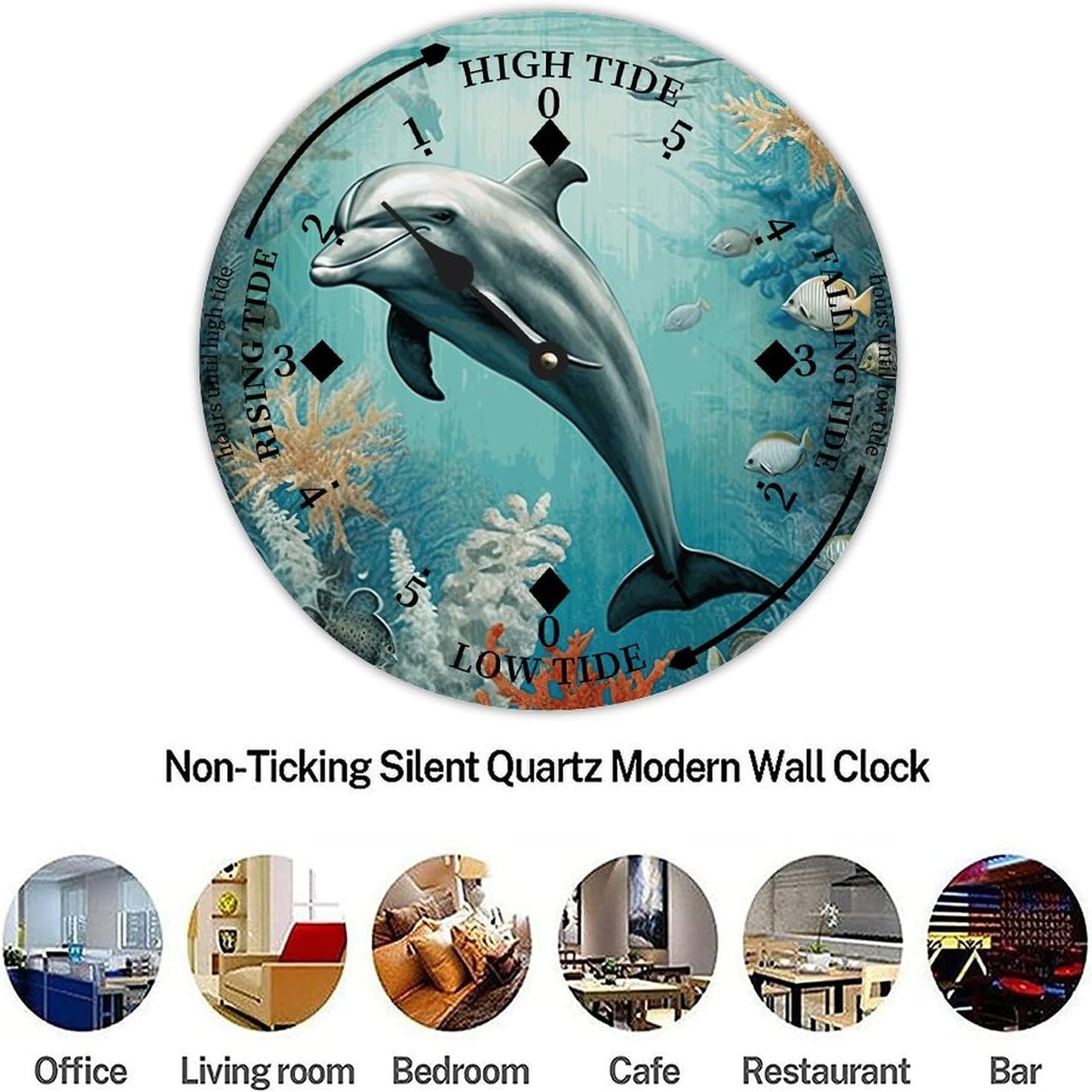 Cheyan Vintage Beach Time Tide Clock - Dolphin Tidal Clock Moon Clock Silent Non-Ticking Battery Operated Wooden Wall Clock for Cottage Beach Boat Living Room Bedroom Home Decor 12x12 in, Style