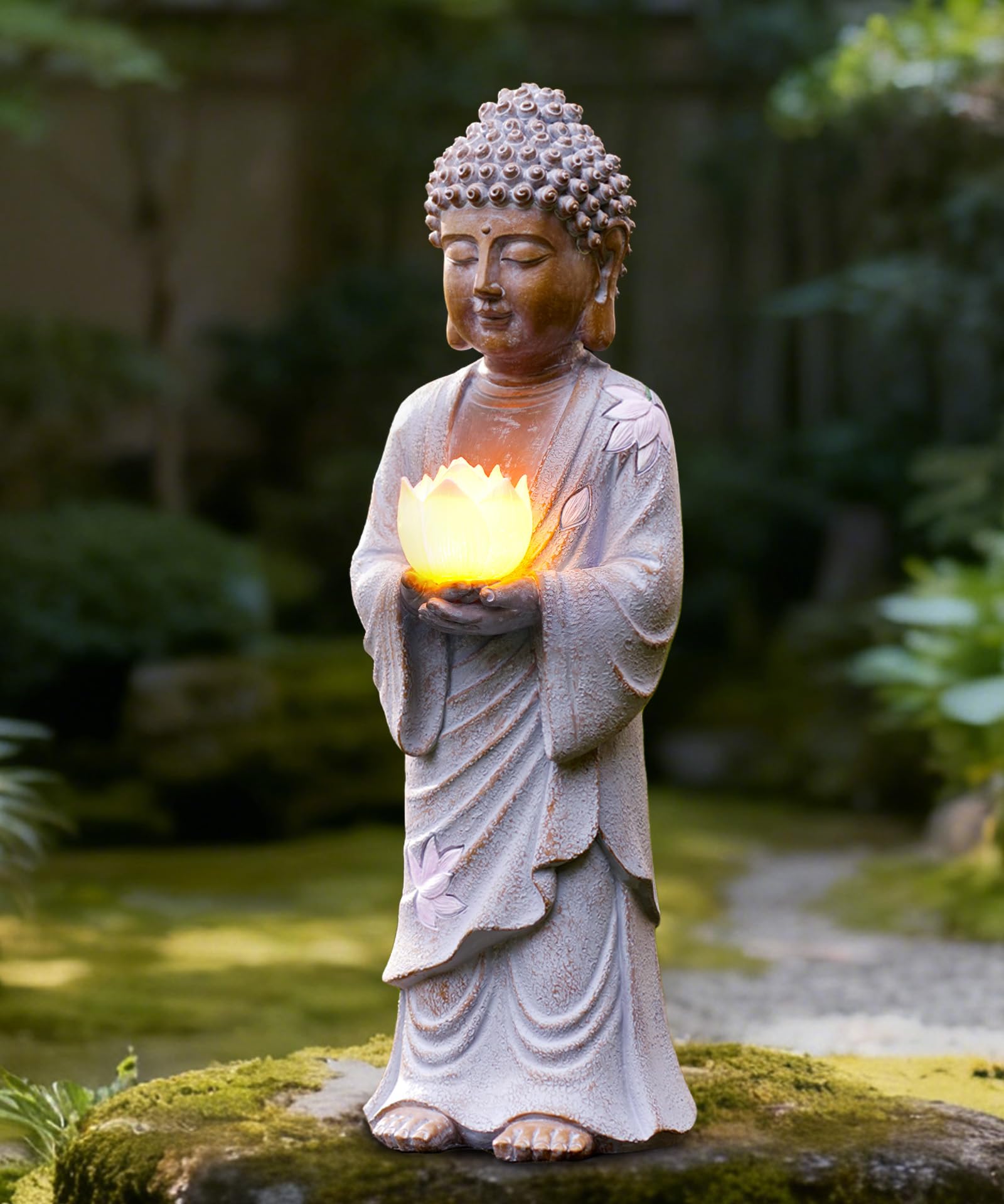 Yeomoo Figura de Buda de pie con LED solar de loto, decoración de jardín, resistente a la intemperie, para jardín, salón, Feng Shui, espiritual, regalo para mujeres, mamá y hombres, 37 cm