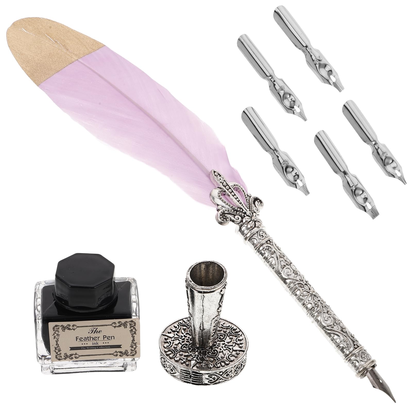 ULTECHNOVO Set Penna Calligrafica Acciaio e Vetro Porpora Piuma, Vintage