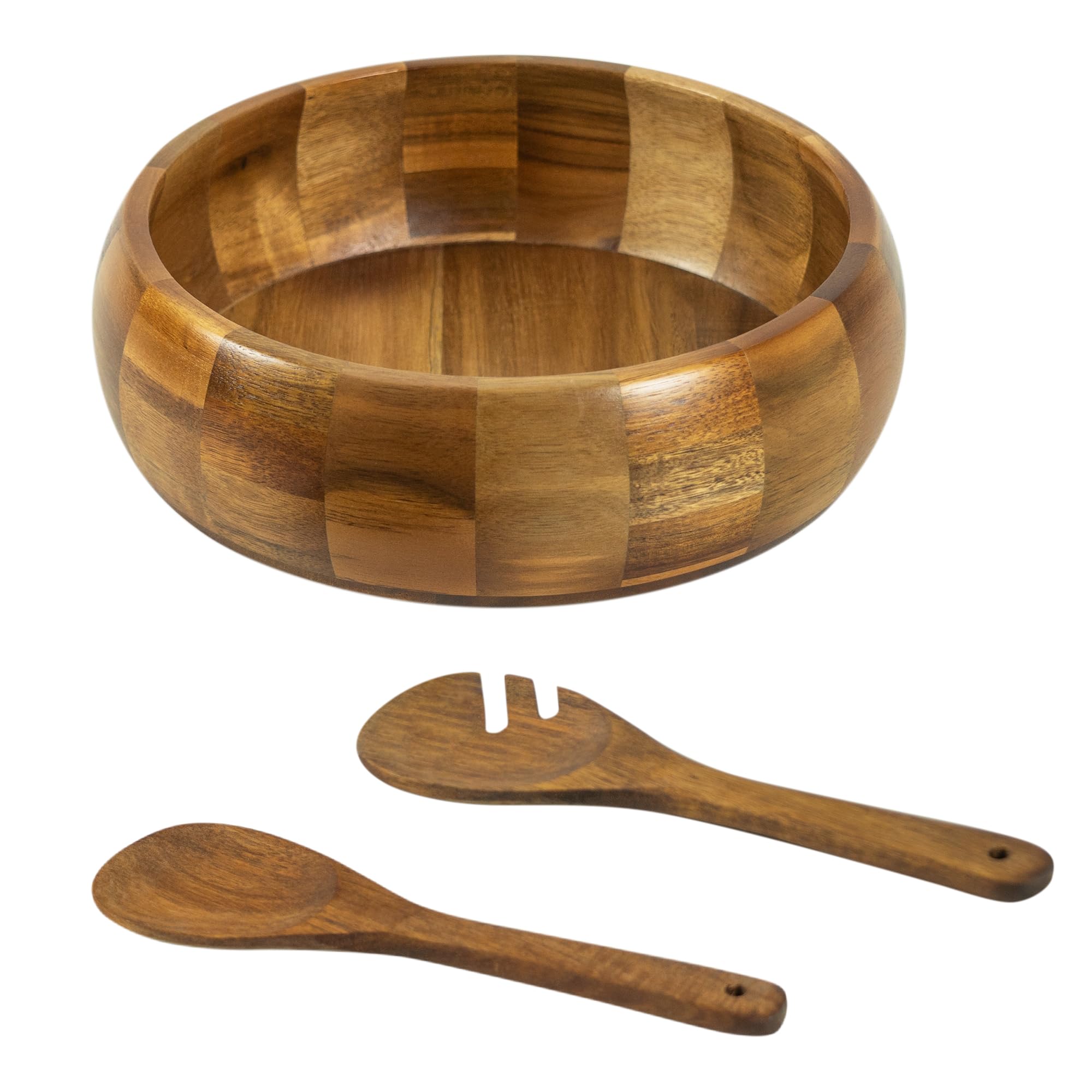 VaeFae Saladier en Bois d'Acacia avec Couverts à Salade | Saladier en Bois de 25,5 cm avec Cuillère et Fourchette Ajourée de 28 cm pour Mélanger et Servir