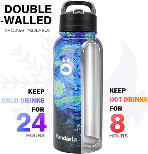 Miniatura 9 de Botella de agua aislada de 32 onzas con tapas y pajillas, de acero inoxidable, para exteriores, botella de boca ancha para bebidas frías y