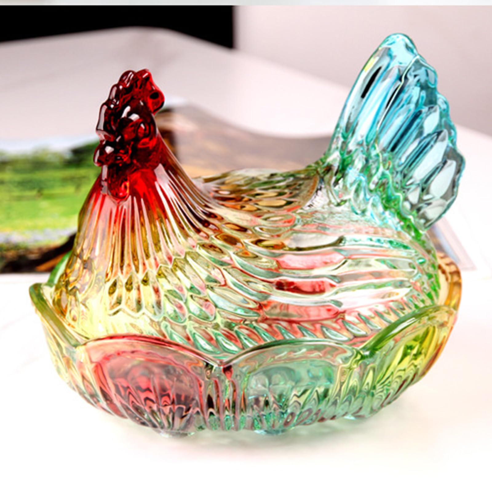 Greabuy Caja de caramelos de cristal para gallina en nido, tarros de dulces con tapa, plato de caramelo, decoración de mesa, plato de postre, plato de regalo de cristal para gallina